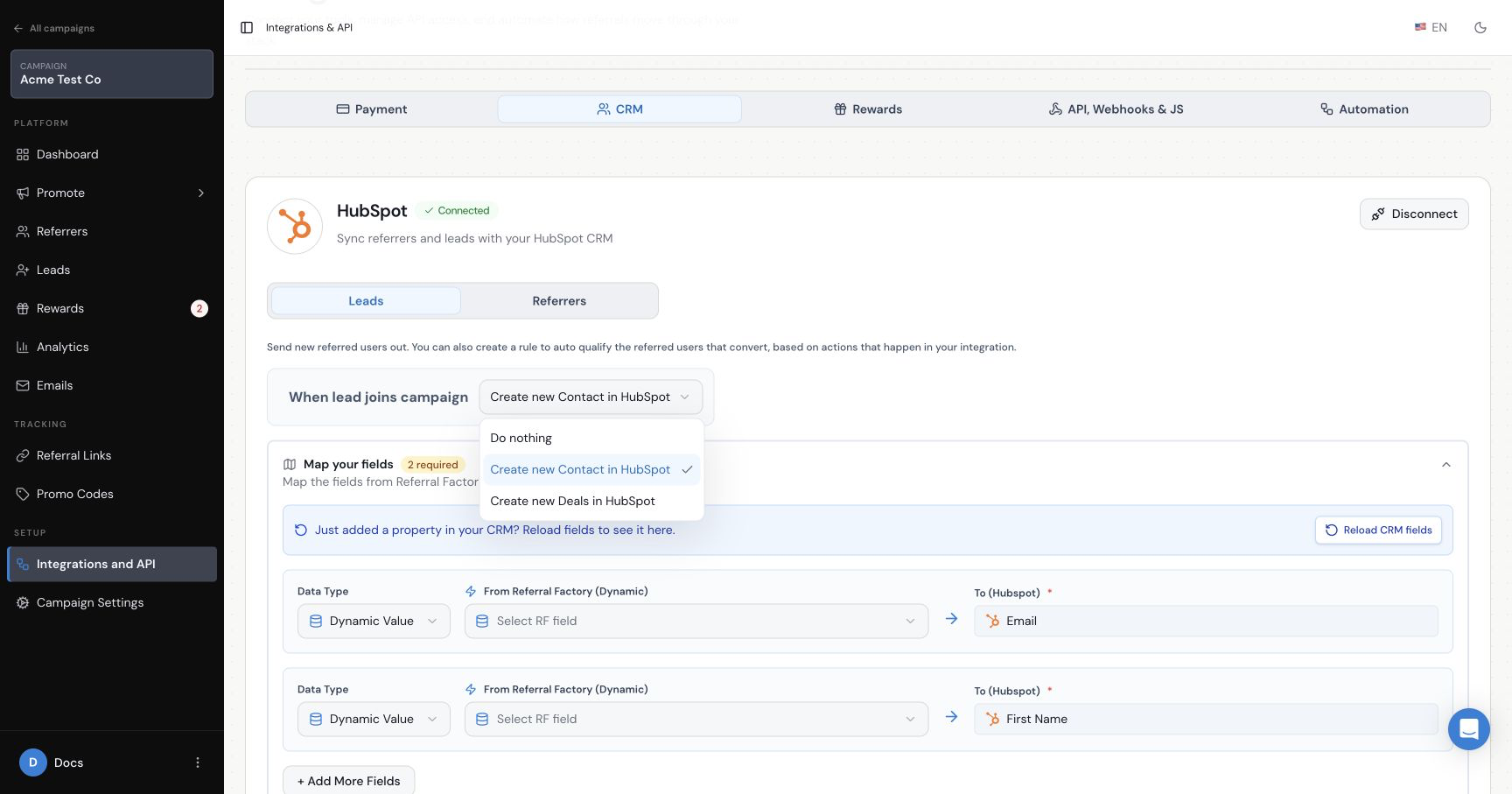 HubSpot Leads settings configured to create a Contact with mapped fields