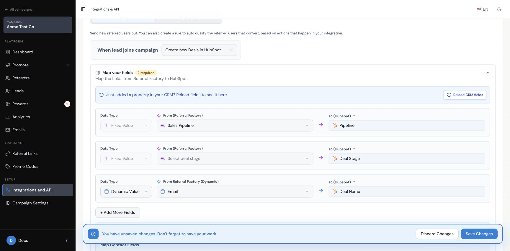 HubSpot Leads settings configured to create a Deal and associated Contact