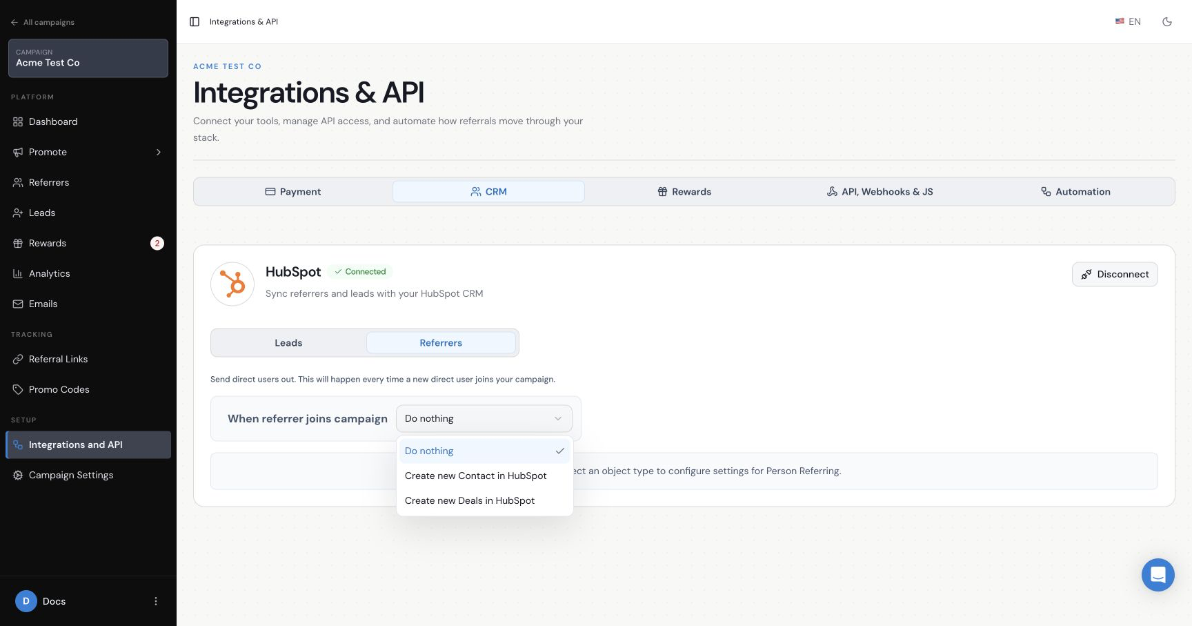 HubSpot Referrers settings with action and mapping options