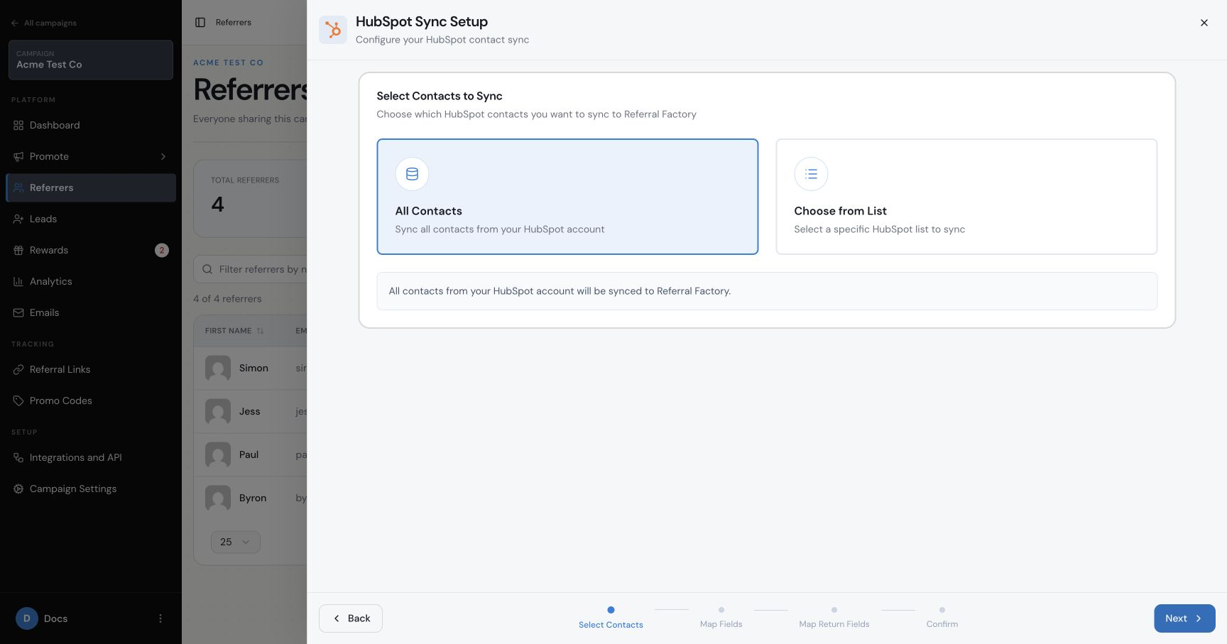 HubSpot sync setup with All Contacts and Choose from List options