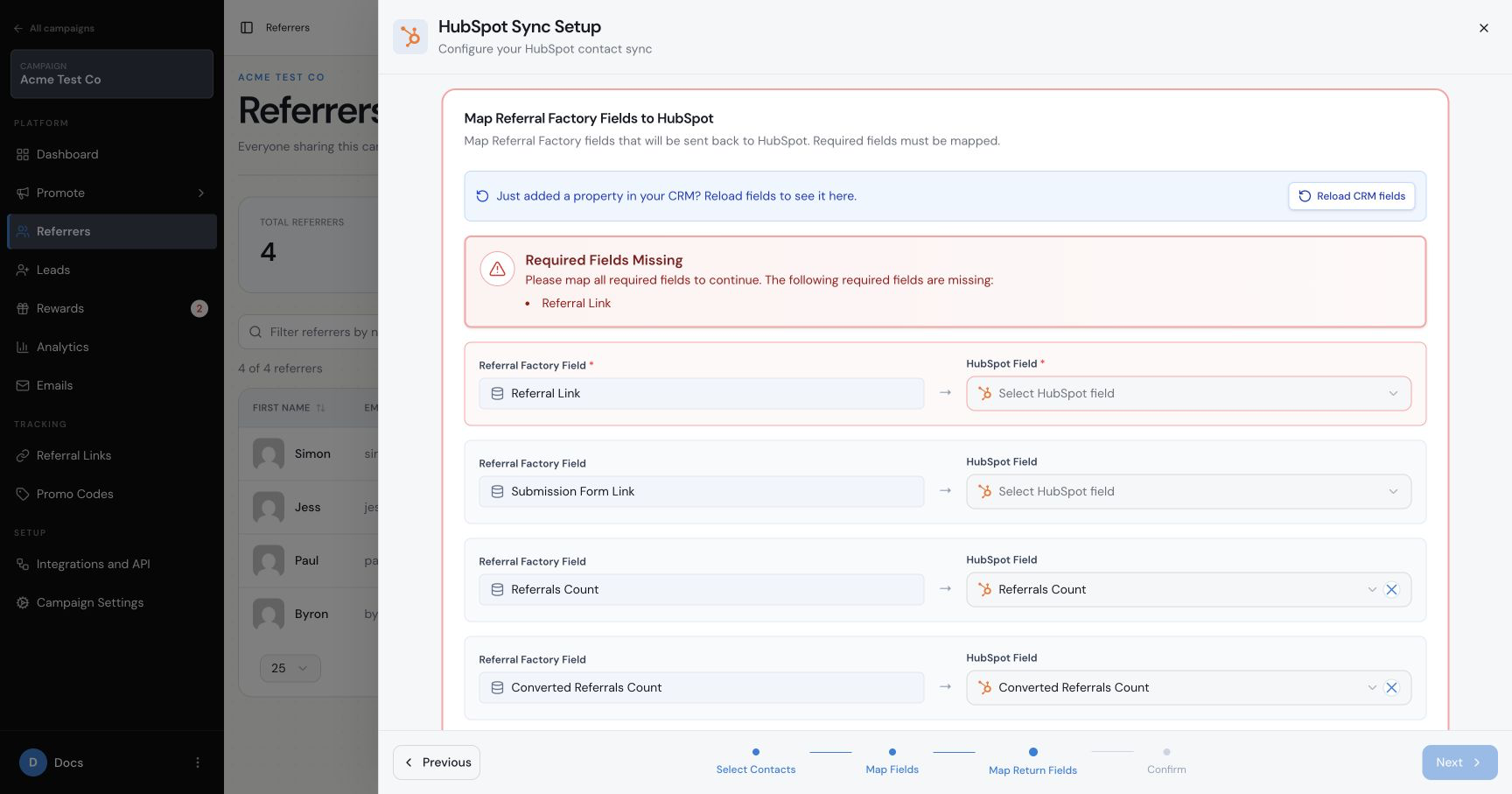 Referral Factory referral link mapped back to a HubSpot contact property