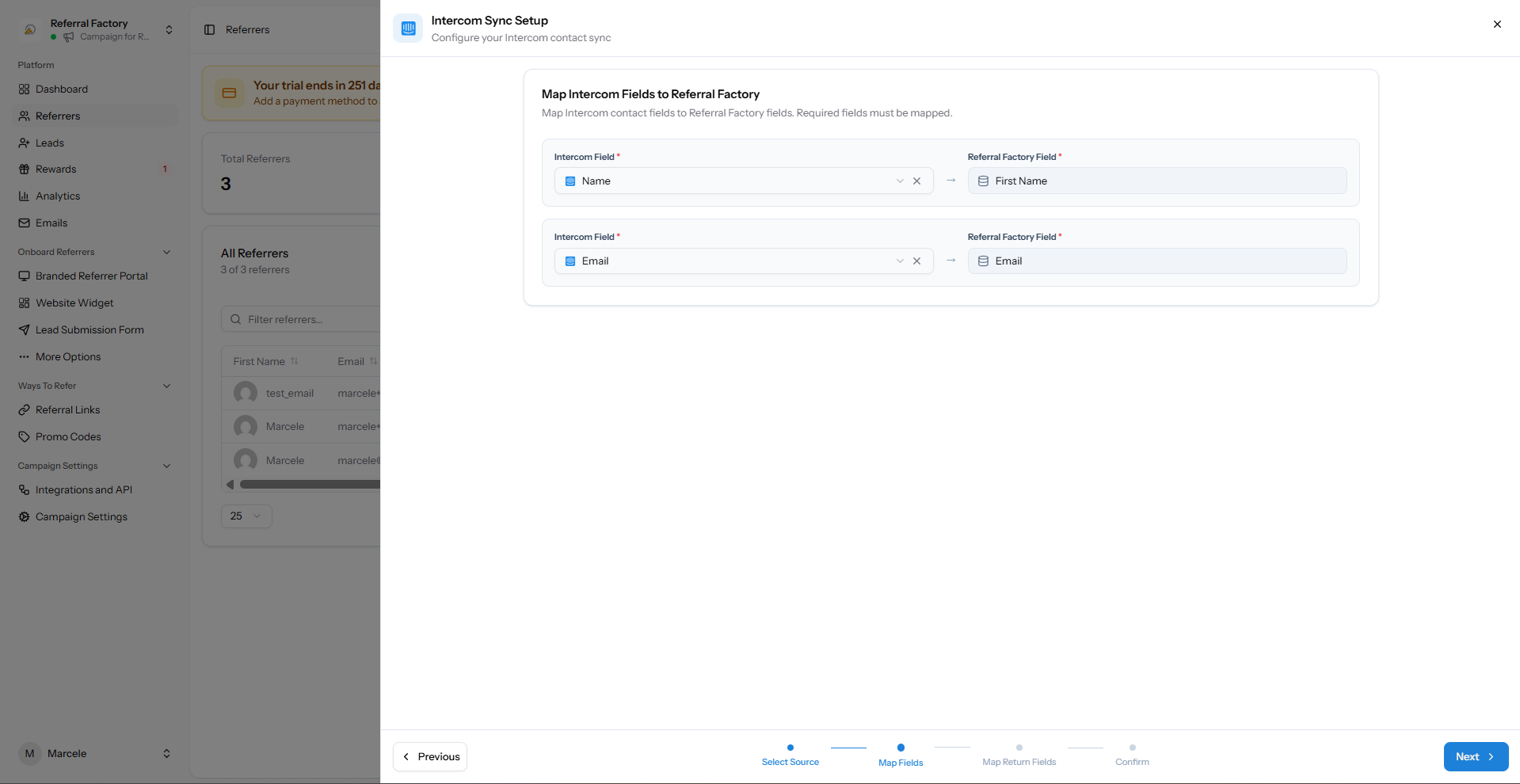 Intercom fields mapped into Referral Factory