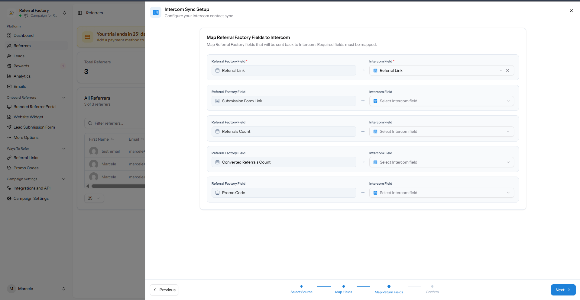 Referral Factory fields mapped back to Intercom