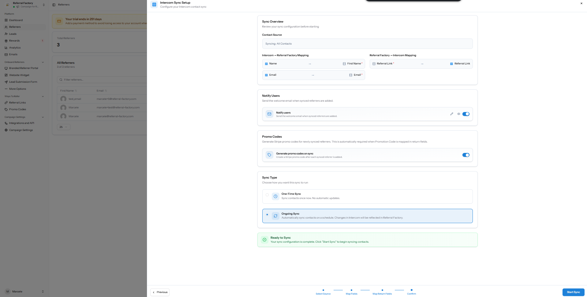 Intercom sync confirmation settings