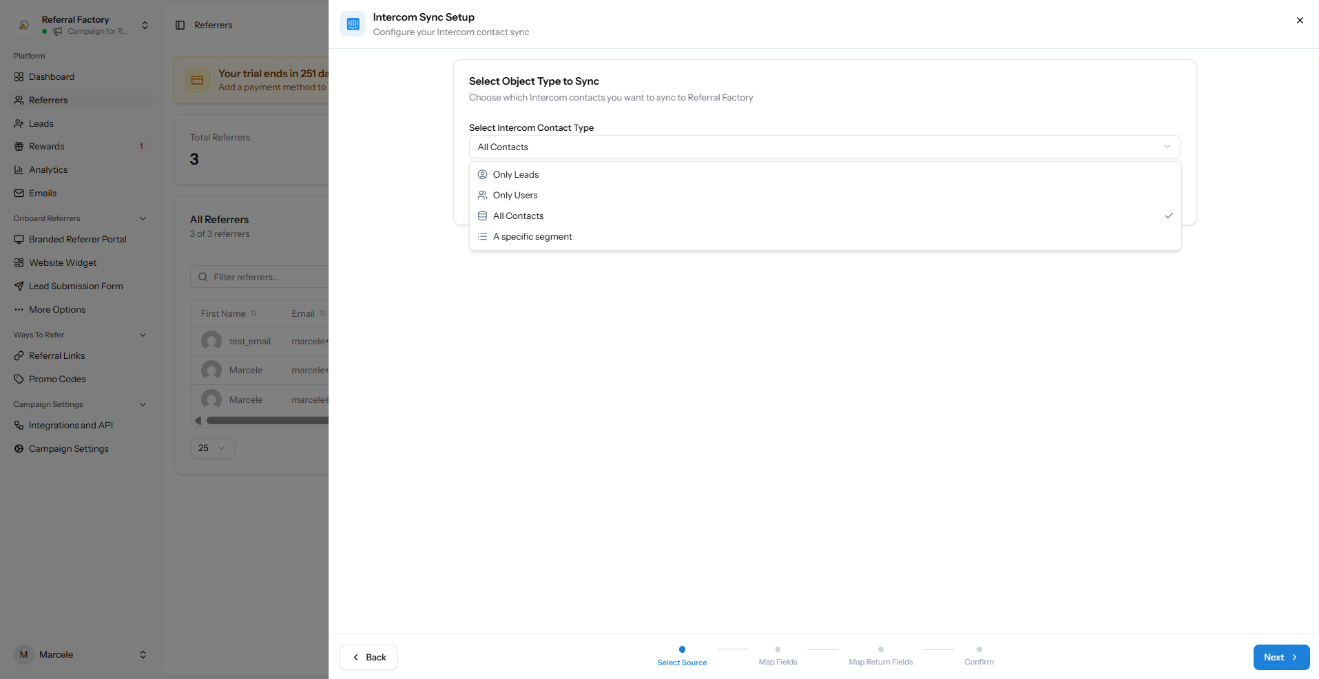 Intercom selected as the referrer sync source