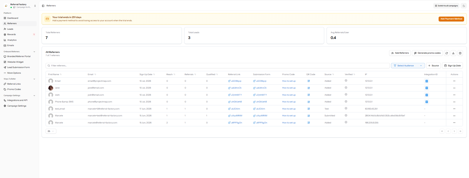 Intercom contacts synced as Referral Factory referrers