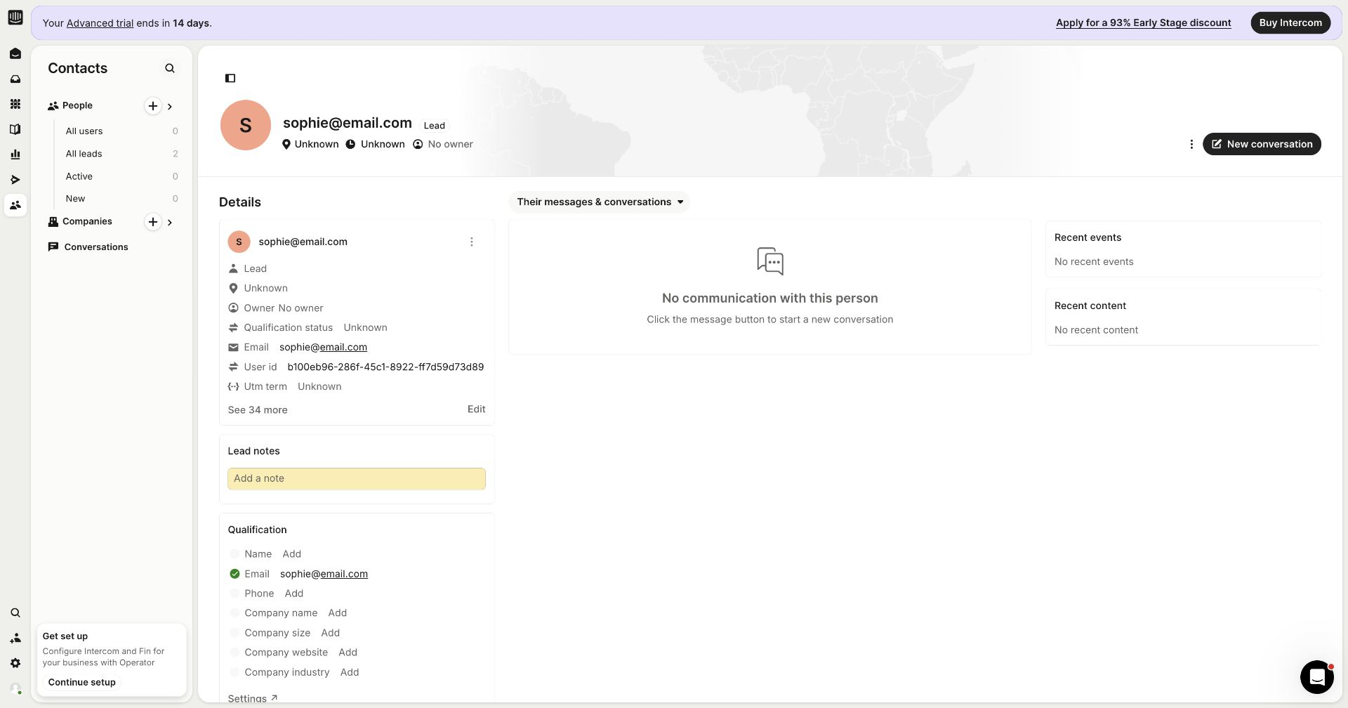 An Intercom lead record created by Referral Factory