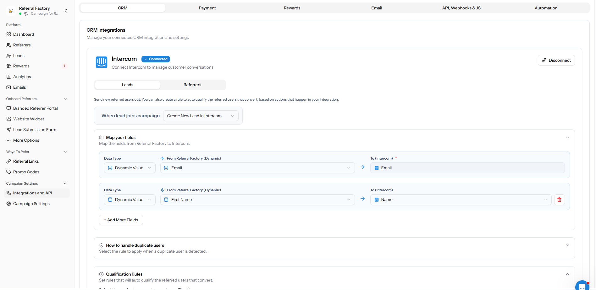 Email mapped from Referral Factory to Intercom