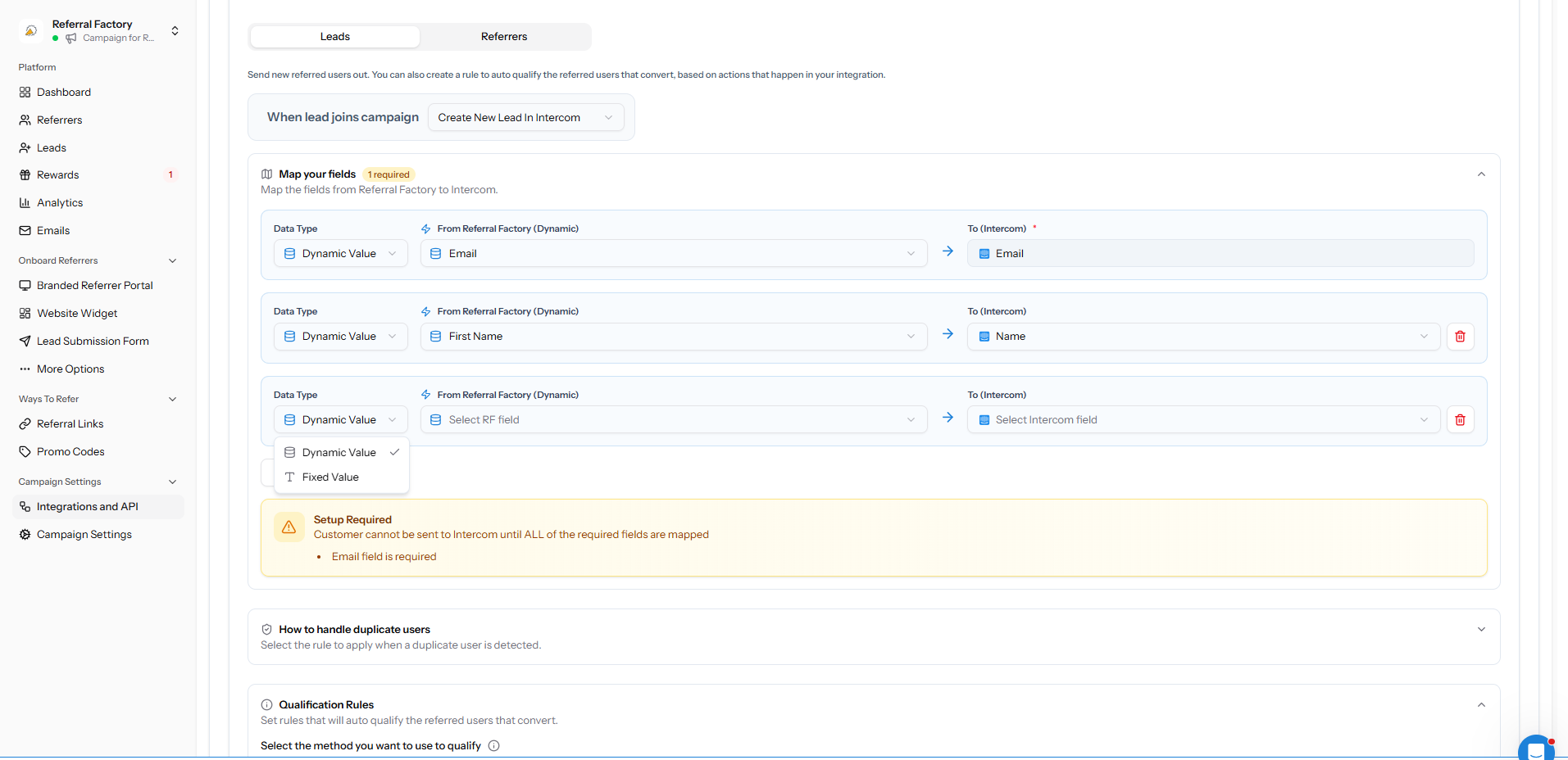 Dynamic and fixed value options for Intercom mapping