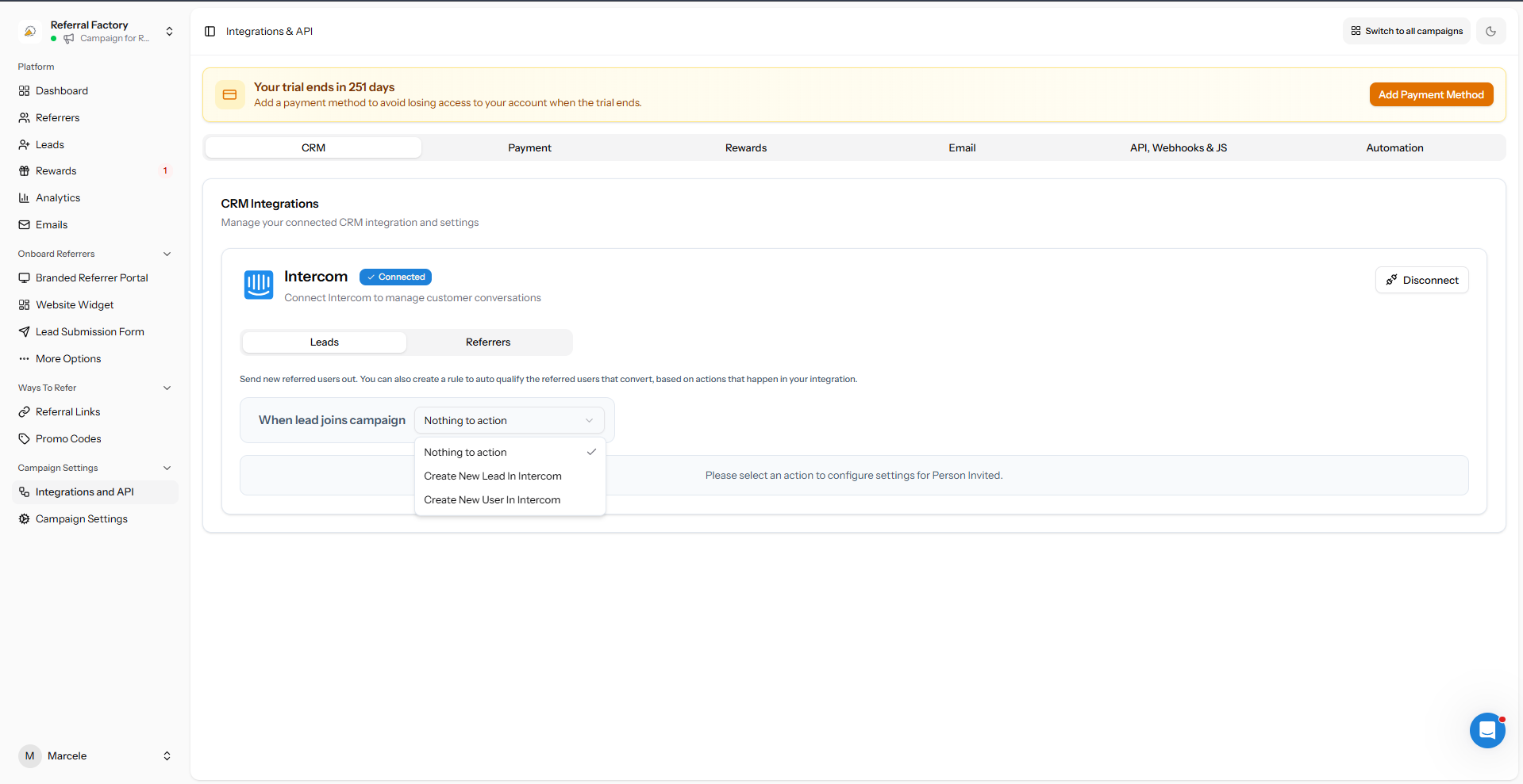Intercom action options in Referral Factory