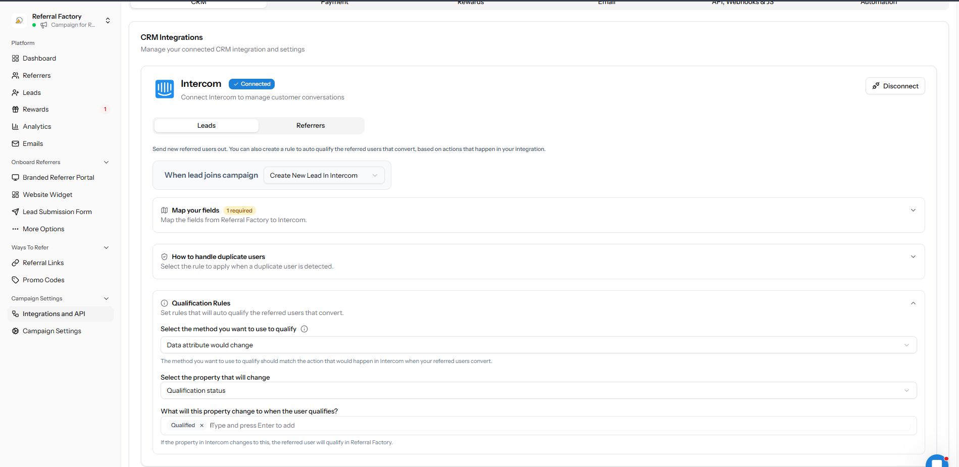 Intercom qualification rule in Referral Factory