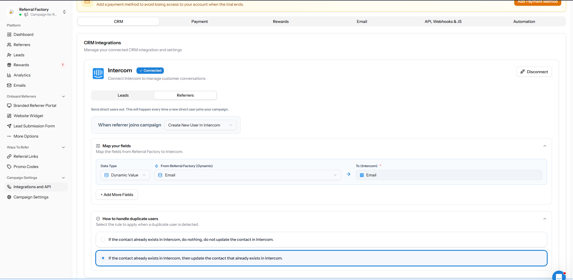 Referral Factory referrer fields mapped to Intercom