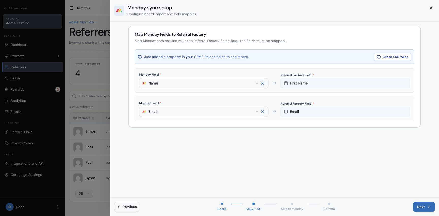 Map Monday.com fields to Referral Factory