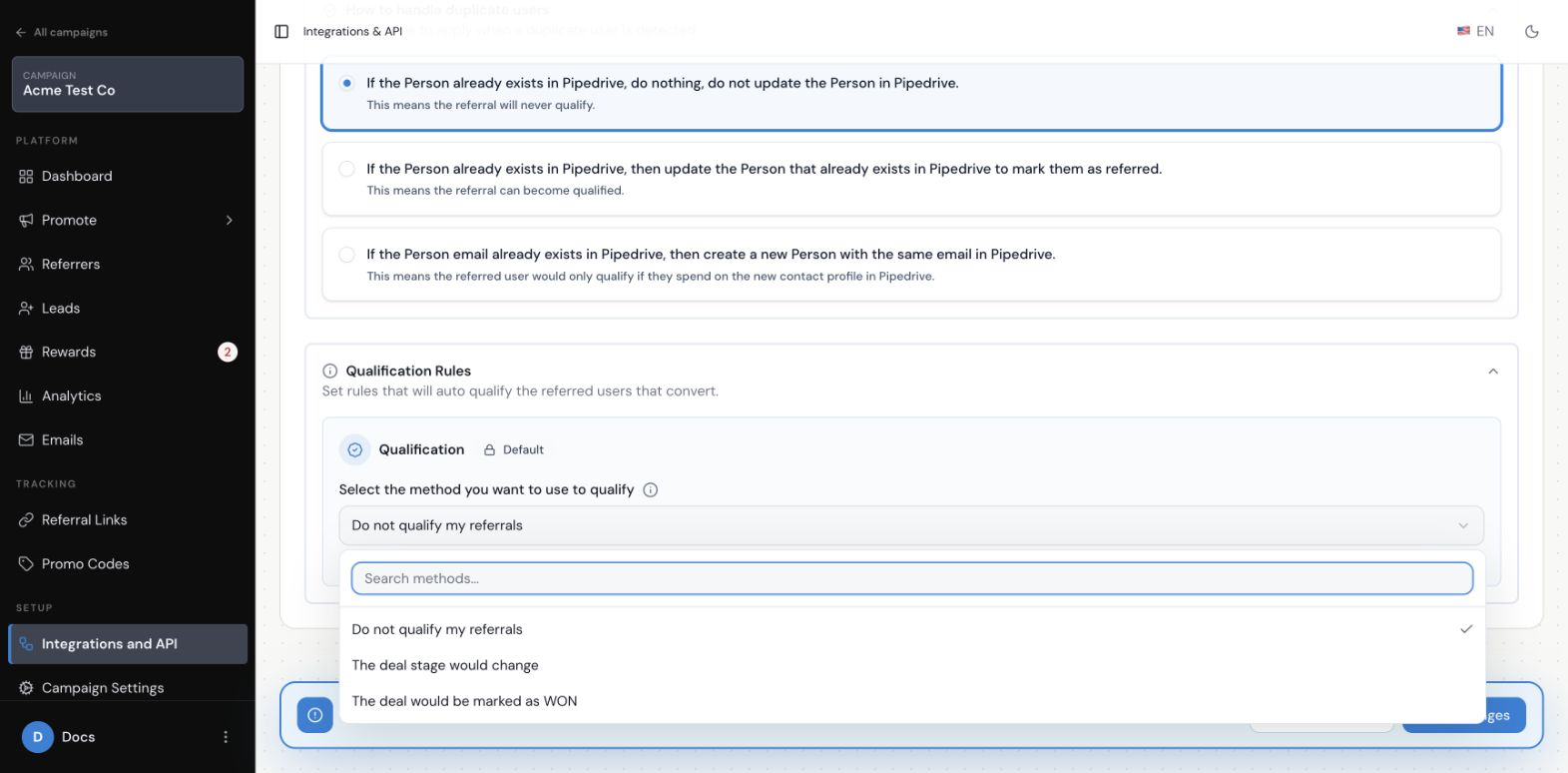 Choose a Pipedrive Deal condition that qualifies a referral