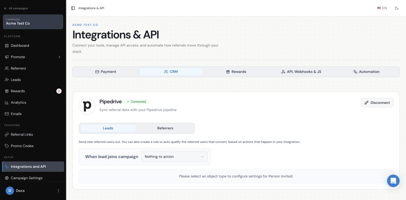 Pipedrive connected in Referral Factory