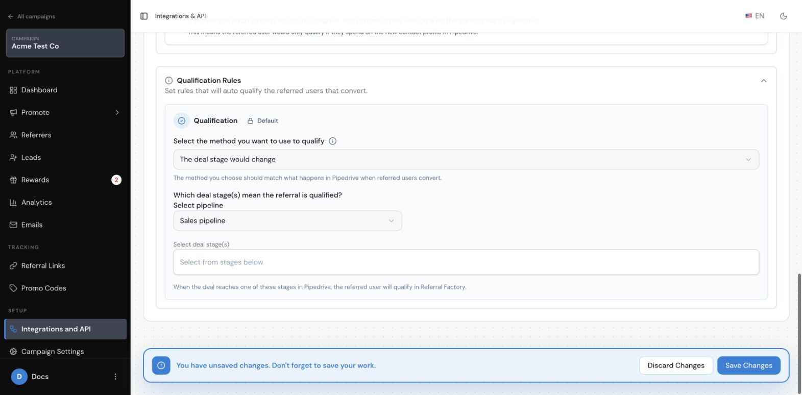 Qualify a referral when its Pipedrive Deal reaches a chosen stage