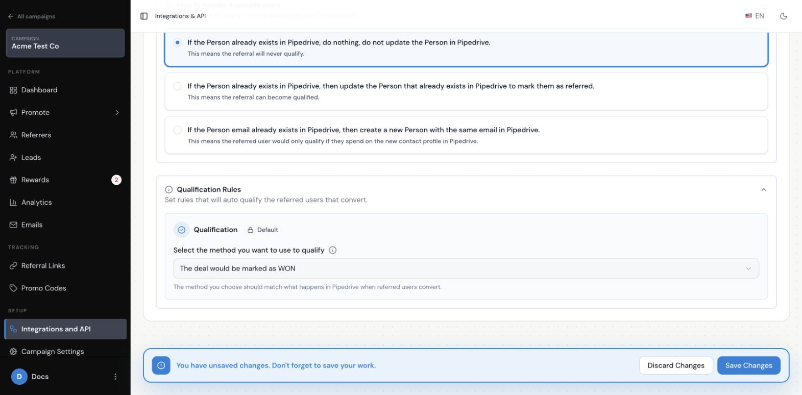 Qualify a referral when its Pipedrive Deal is marked Won