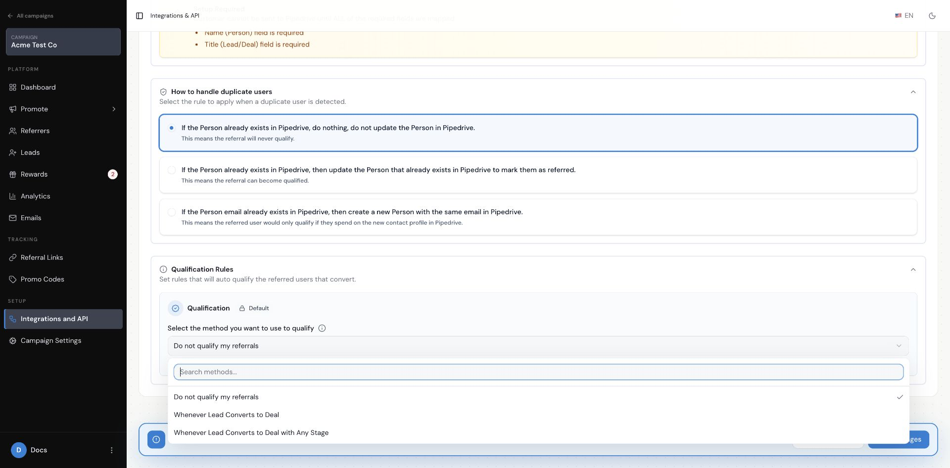Choose a qualification method for a campaign that creates Pipedrive Leads