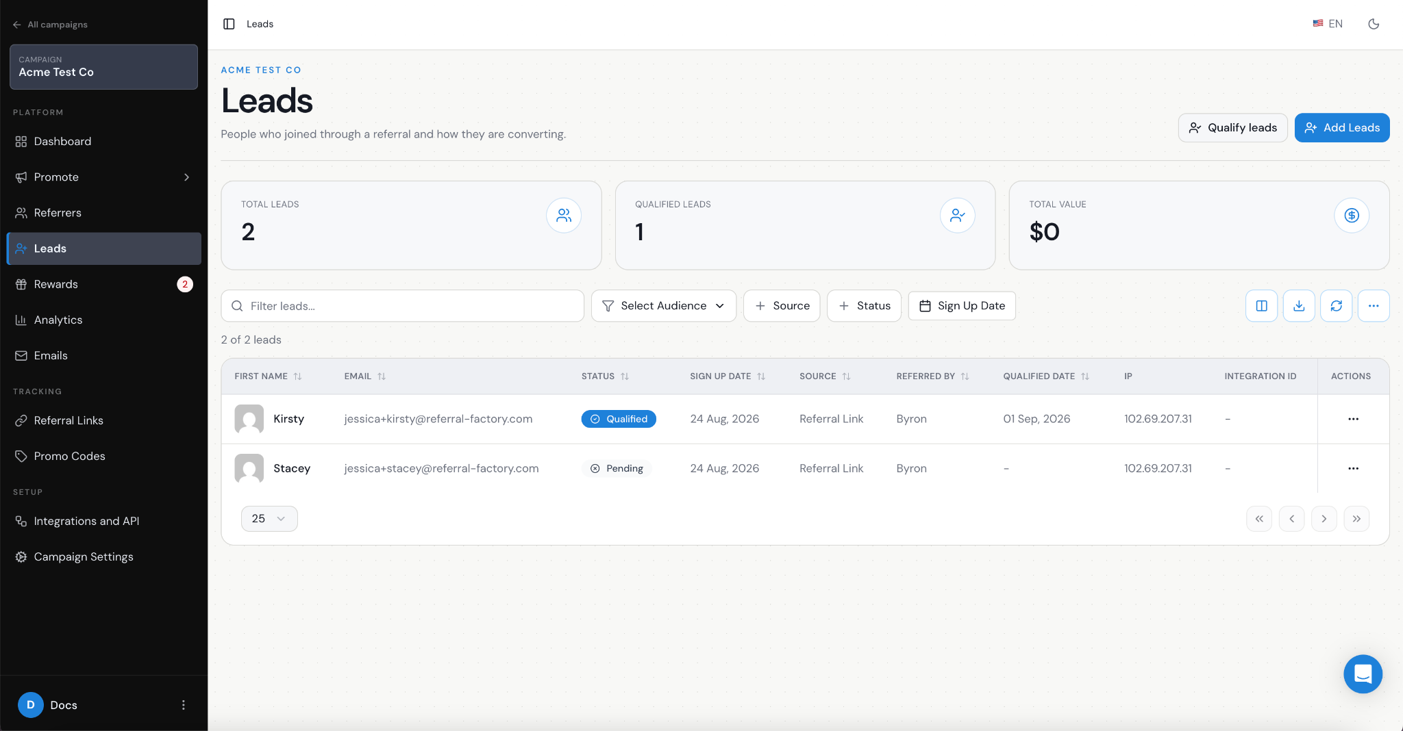 A qualified Pipedrive referral shown in the Referral Factory Leads table