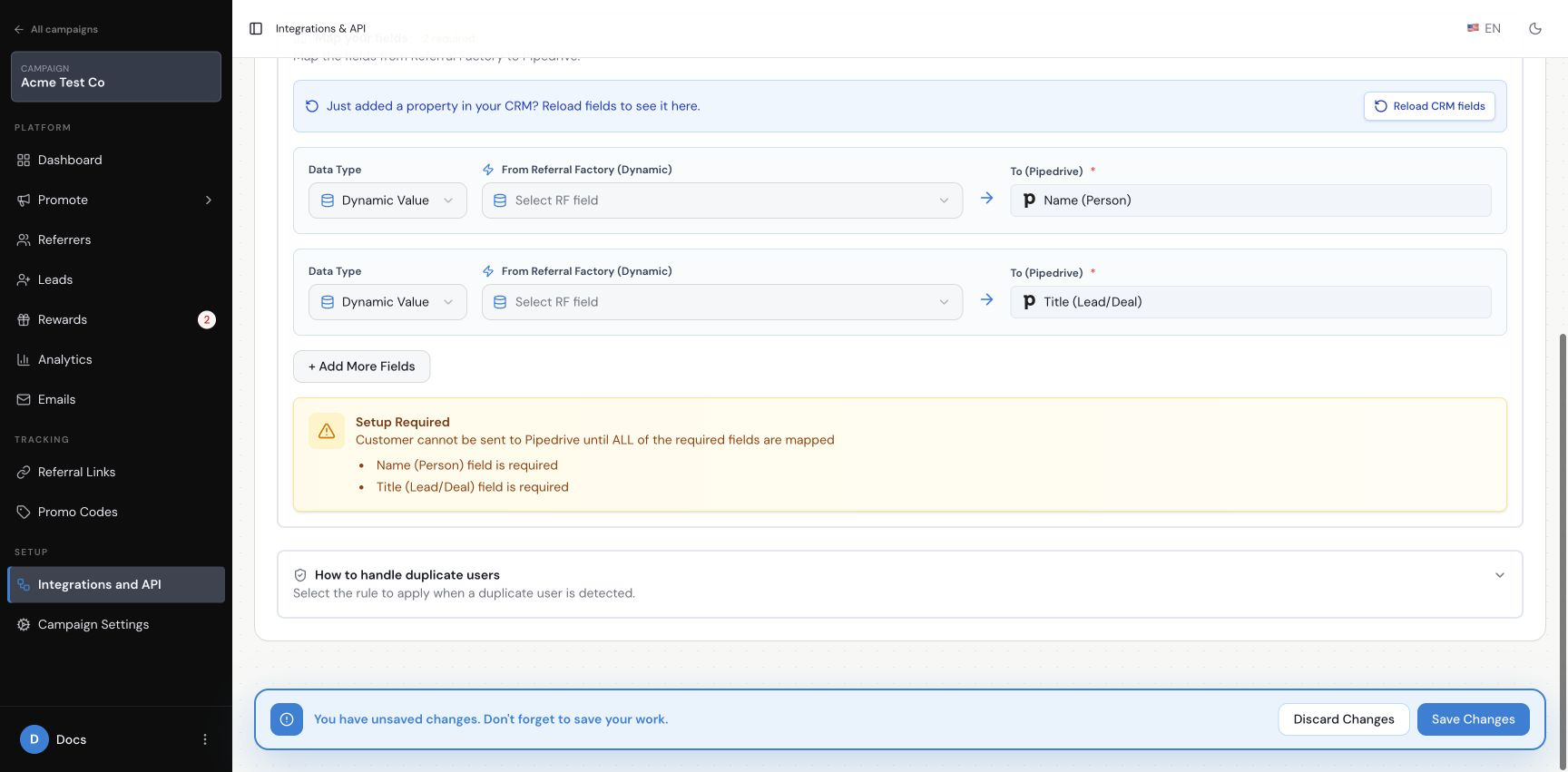 Map the required fields for a referrer sent as a Pipedrive Lead