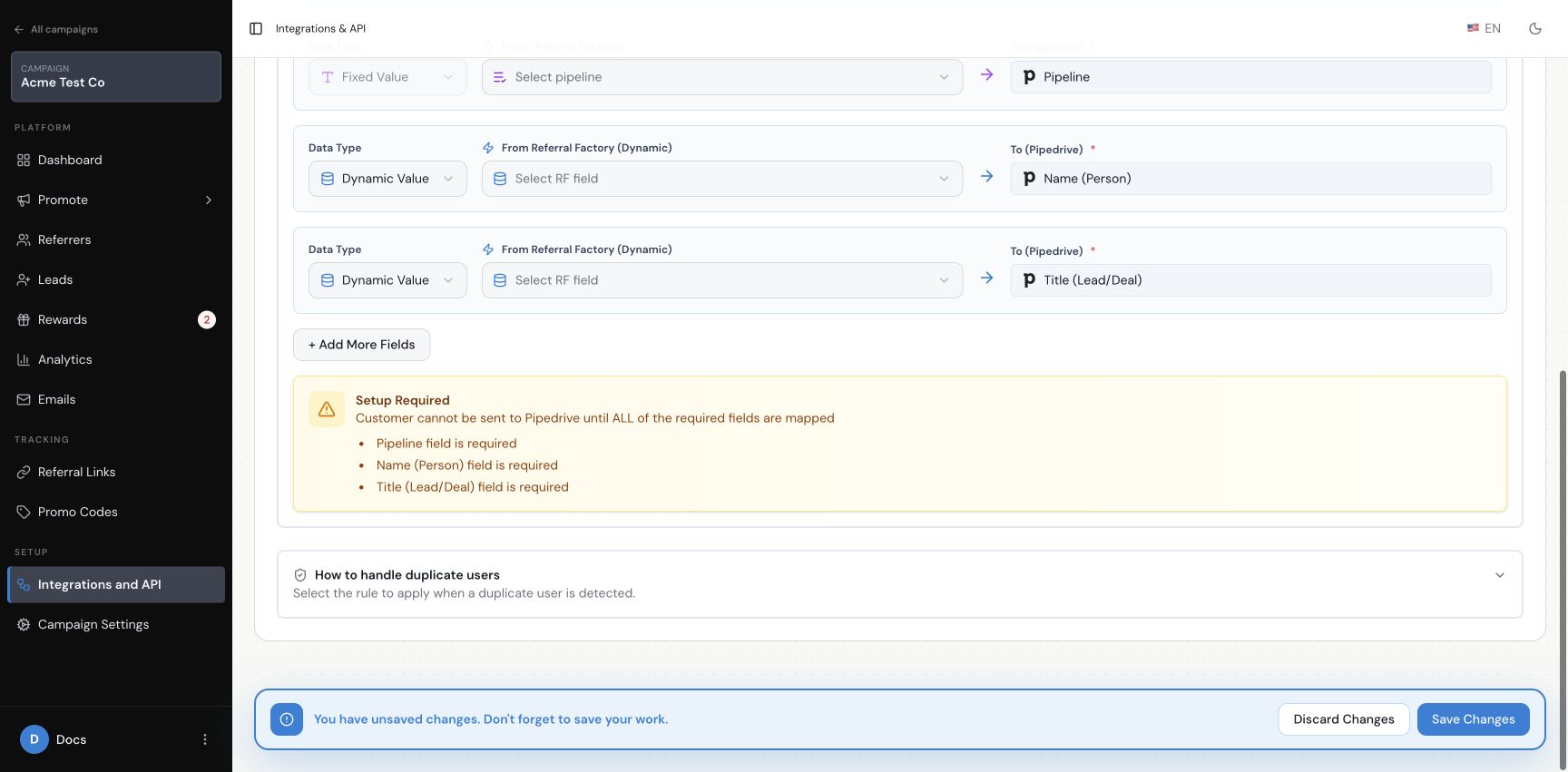 Map the required fields for a referrer sent as a Pipedrive Deal