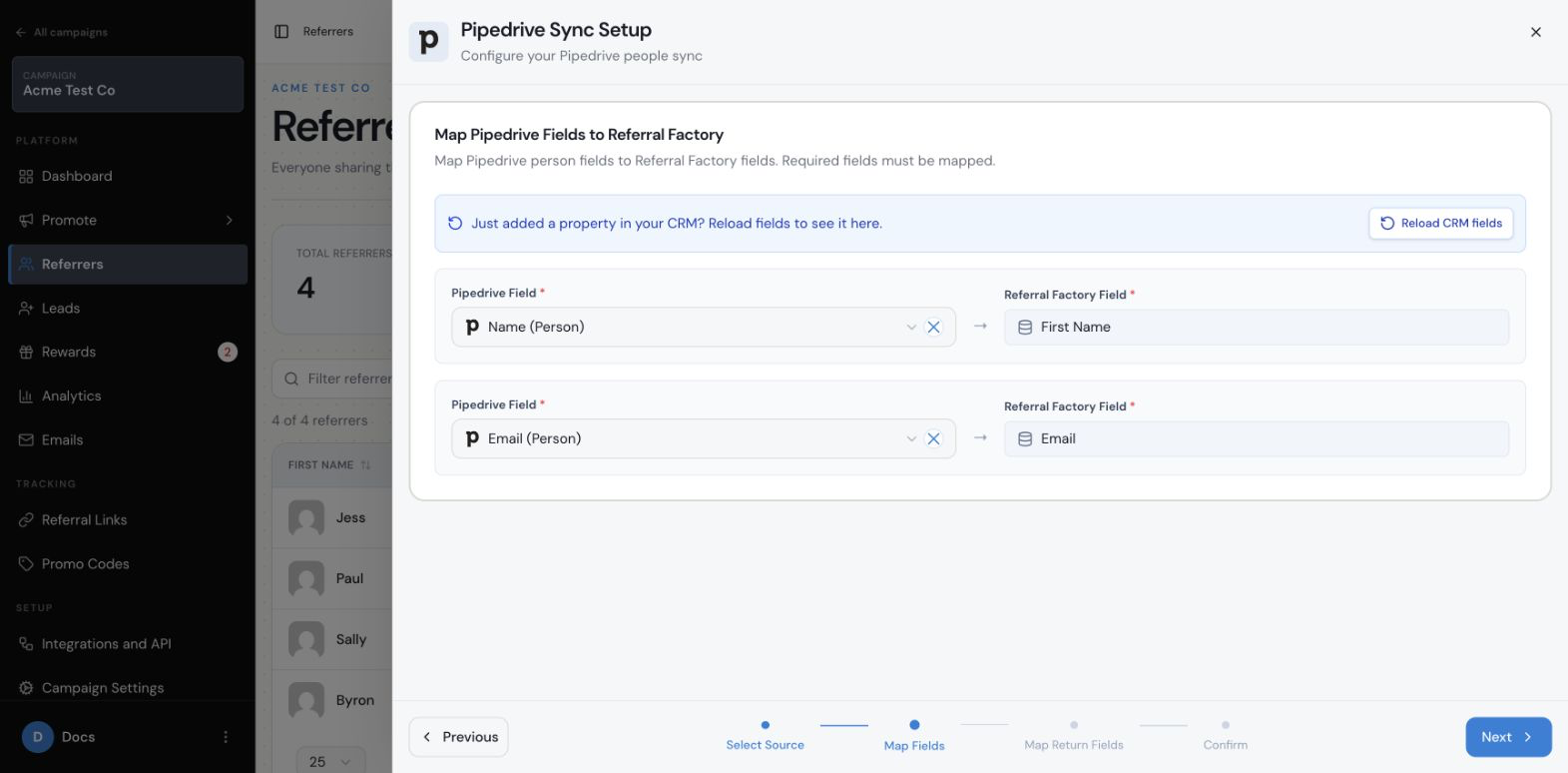 Map Pipedrive person fields to Referral Factory