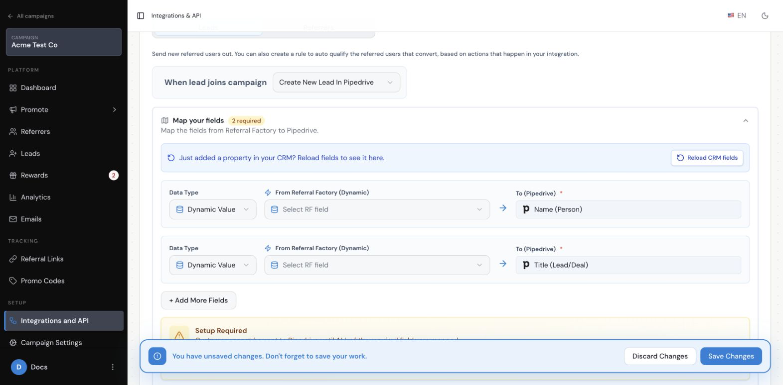 A Setup Required message means required Pipedrive mappings are missing