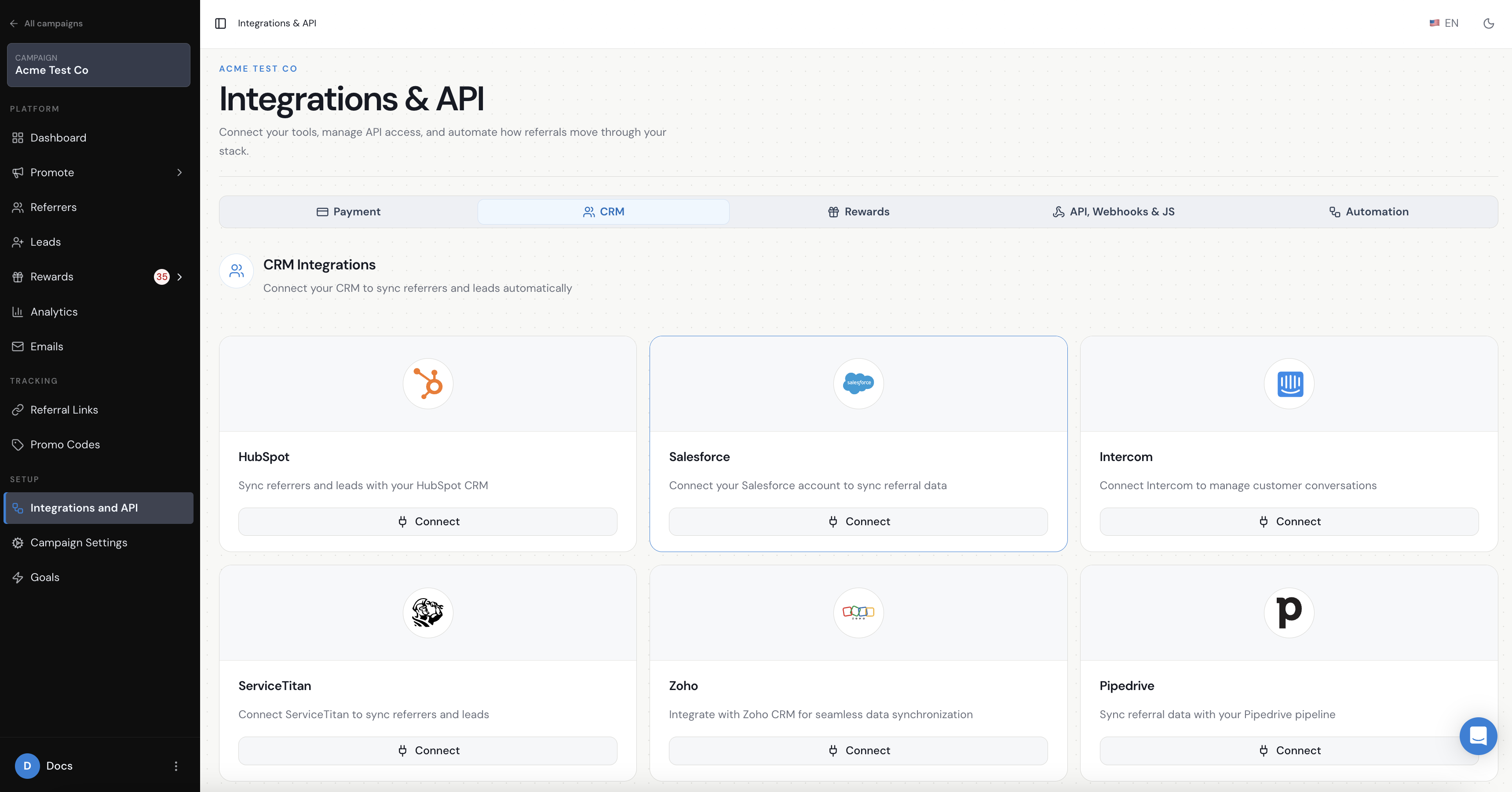 Referral Factory CRM integrations screen with the Salesforce Connect button