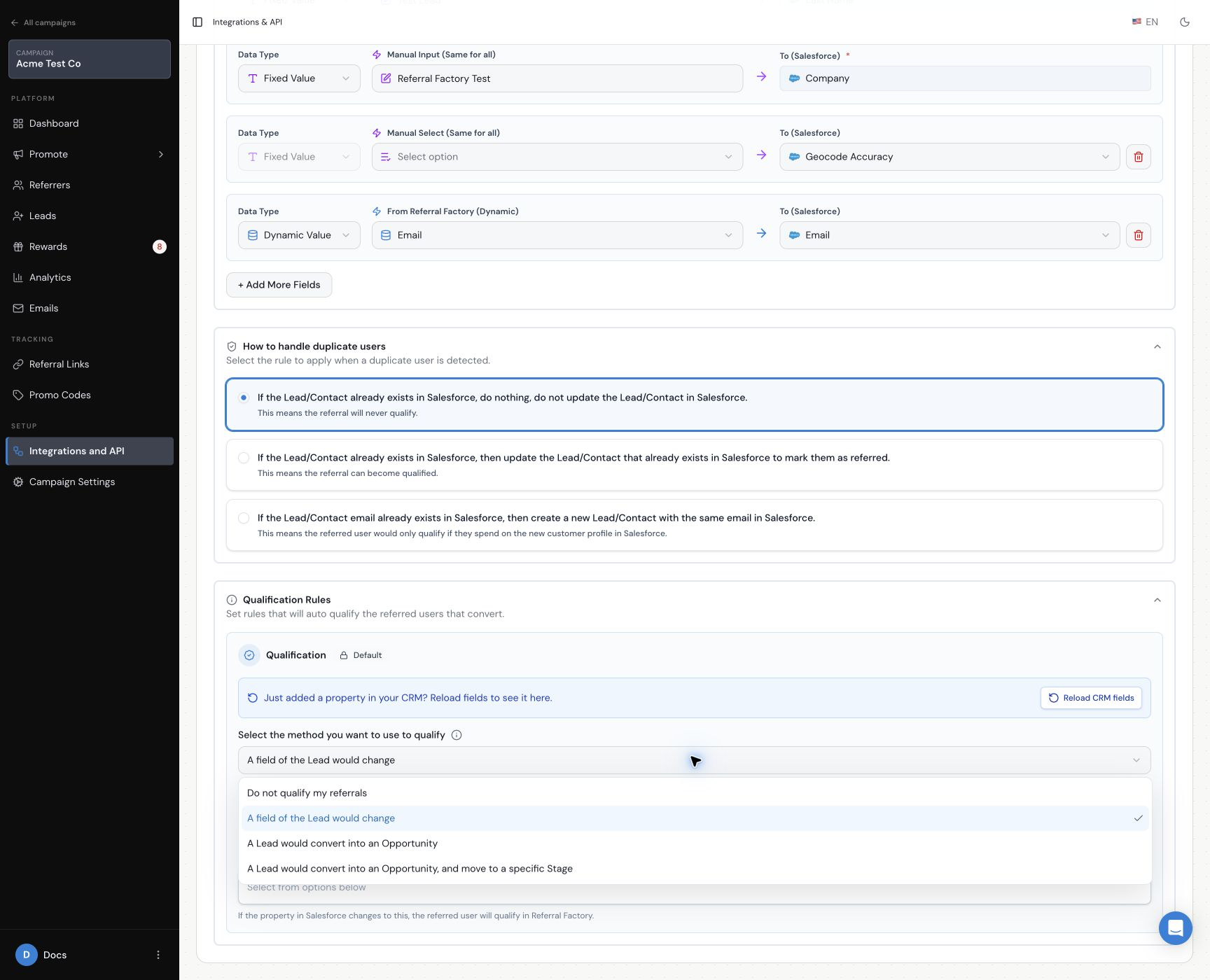 Salesforce qualification rule options in Referral Factory