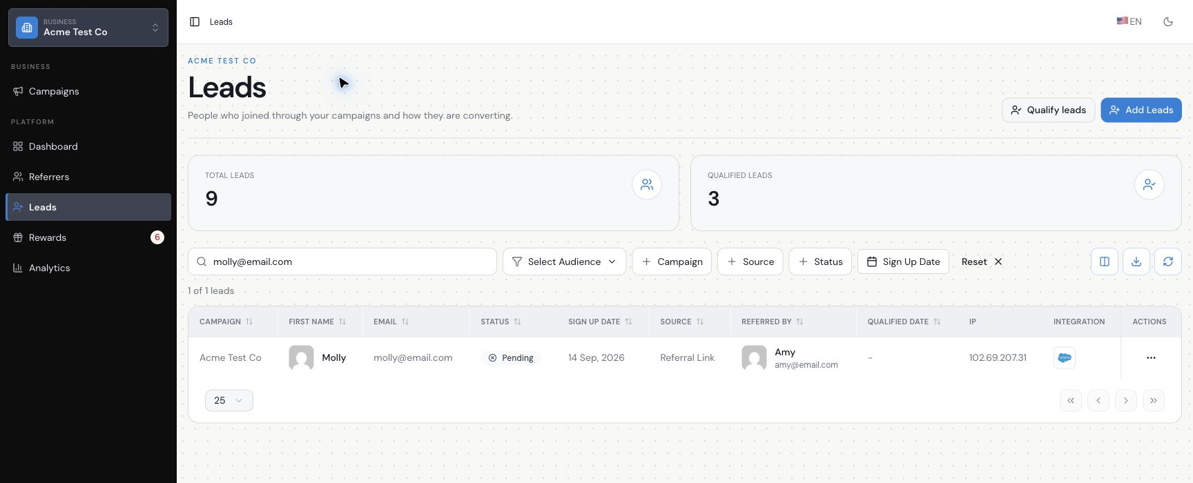 Referral Factory Leads page with the test lead pending