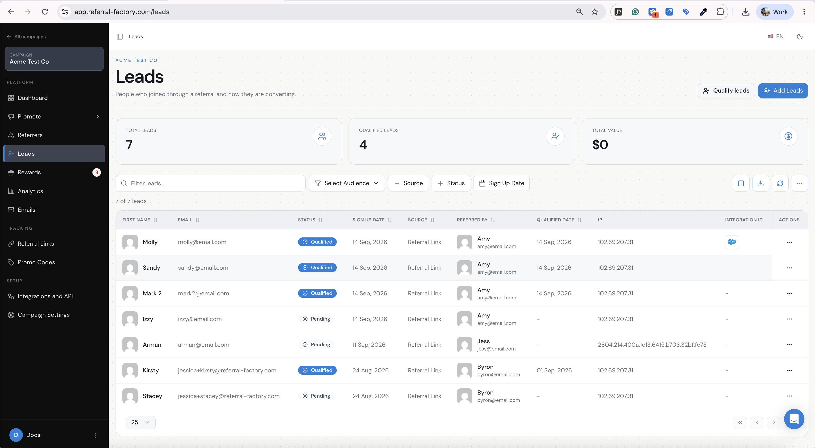Referral Factory Leads page with the test lead qualified