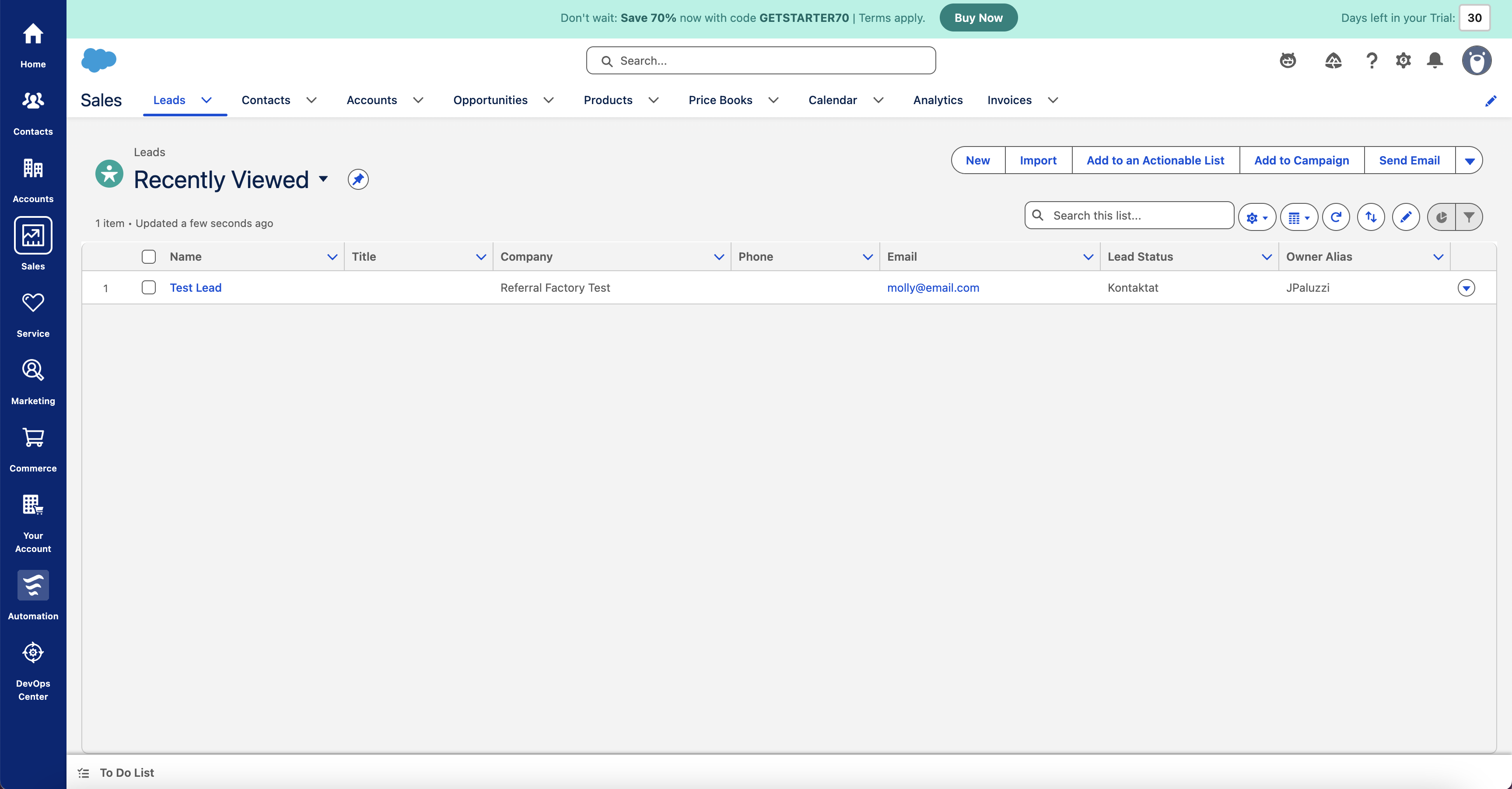 Salesforce Leads list with the test lead and qualifying status