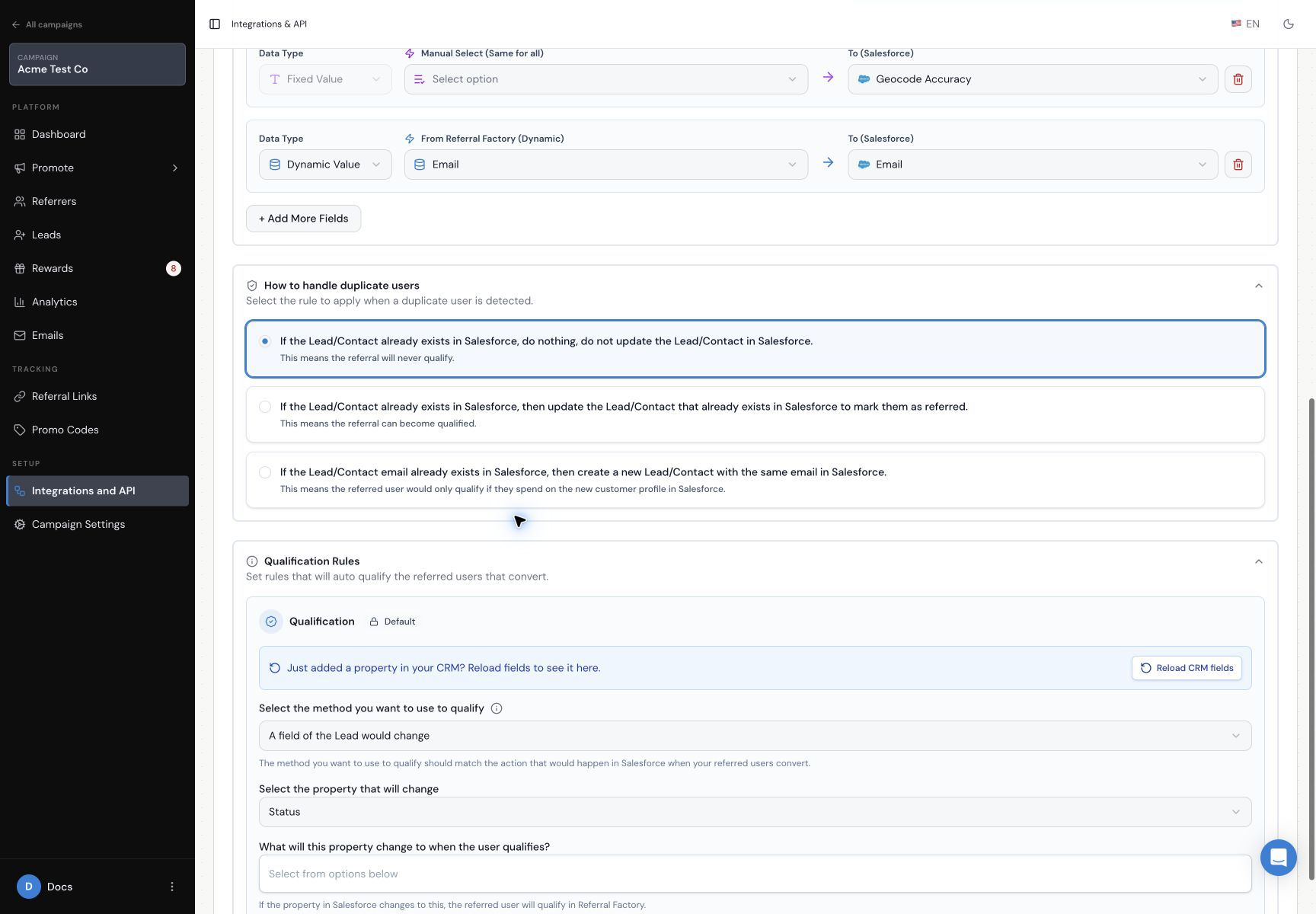 Salesforce duplicate handling choices in Referral Factory