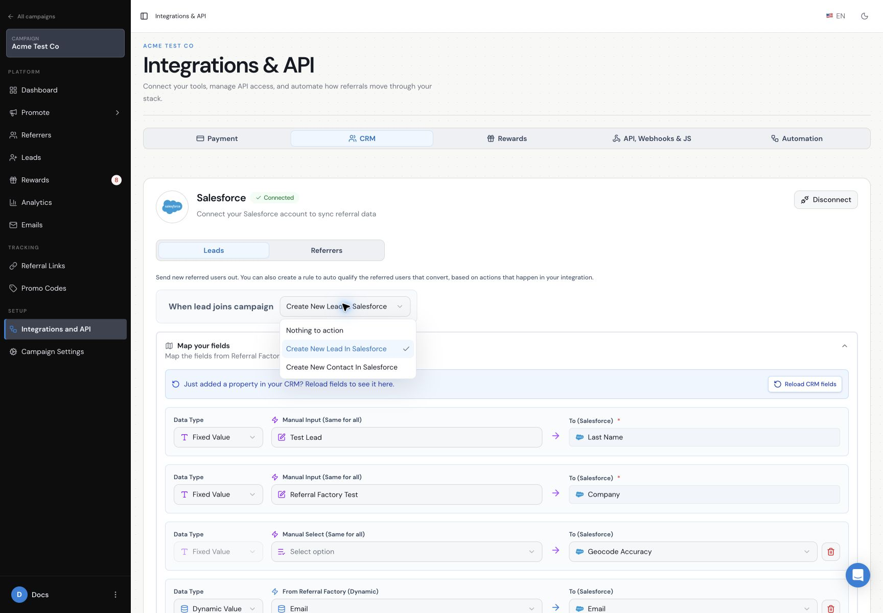 Salesforce Lead and Contact choices in Referral Factory