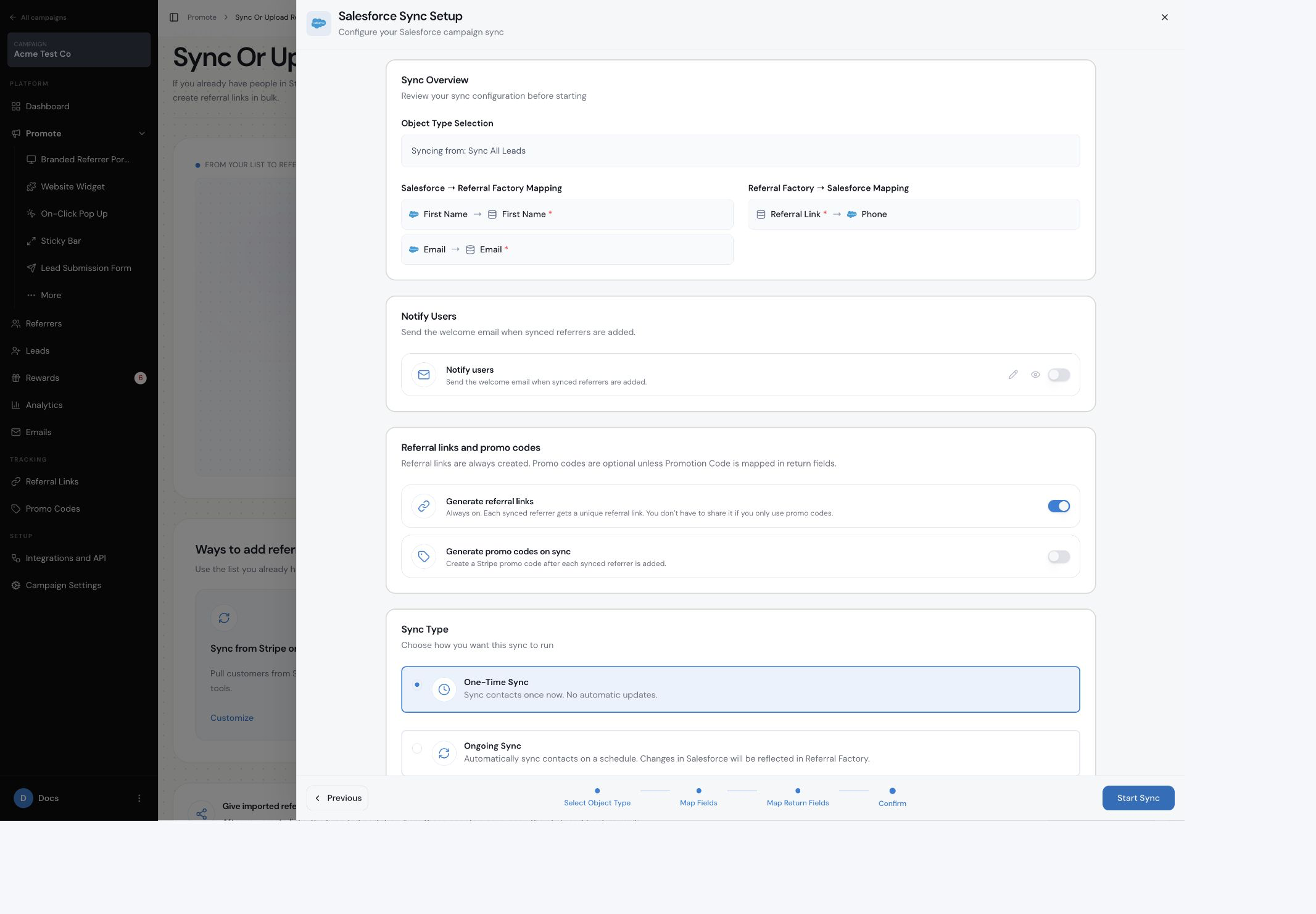 Salesforce sync confirmation with notification and sync type options