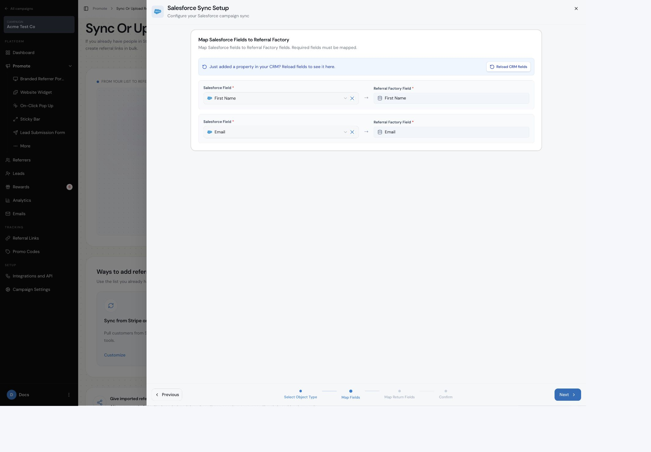 Salesforce fields mapped to Referral Factory referrer fields