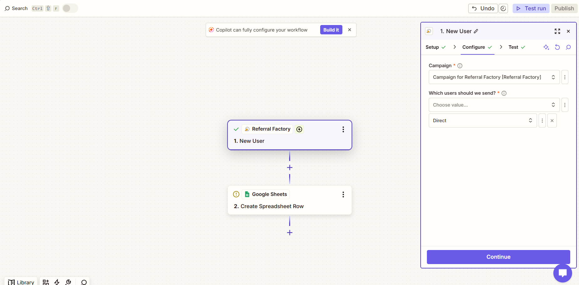 Referral Factory New User trigger configured for direct users in Zapier