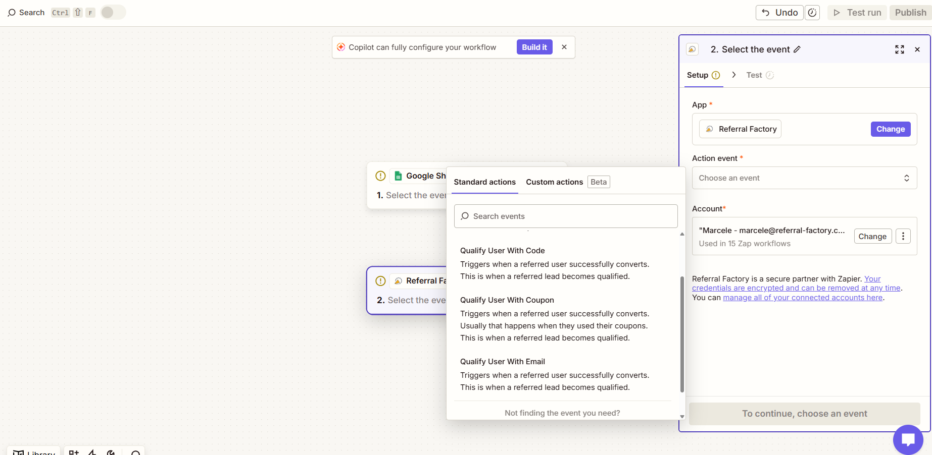 Referral Factory qualification action selected in Zapier
