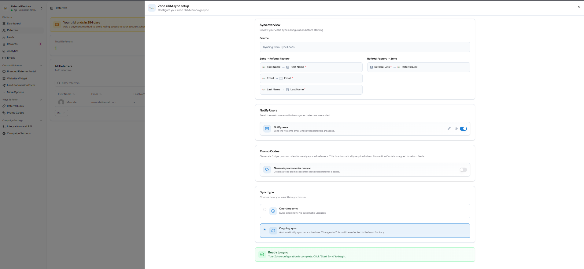 Zoho sync confirmation settings with one-time and ongoing options