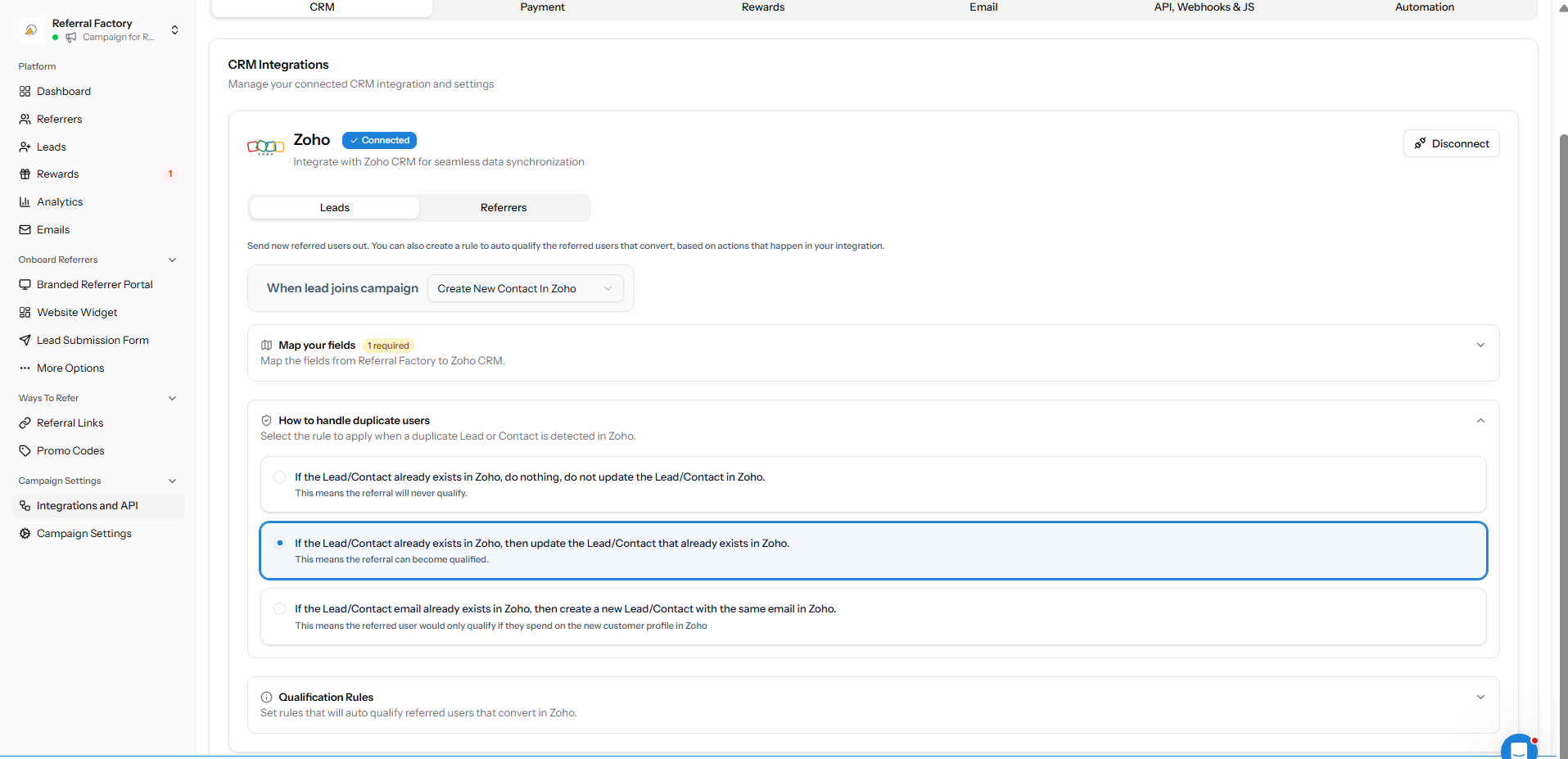 Zoho duplicate handling choices for an existing Lead or Contact
