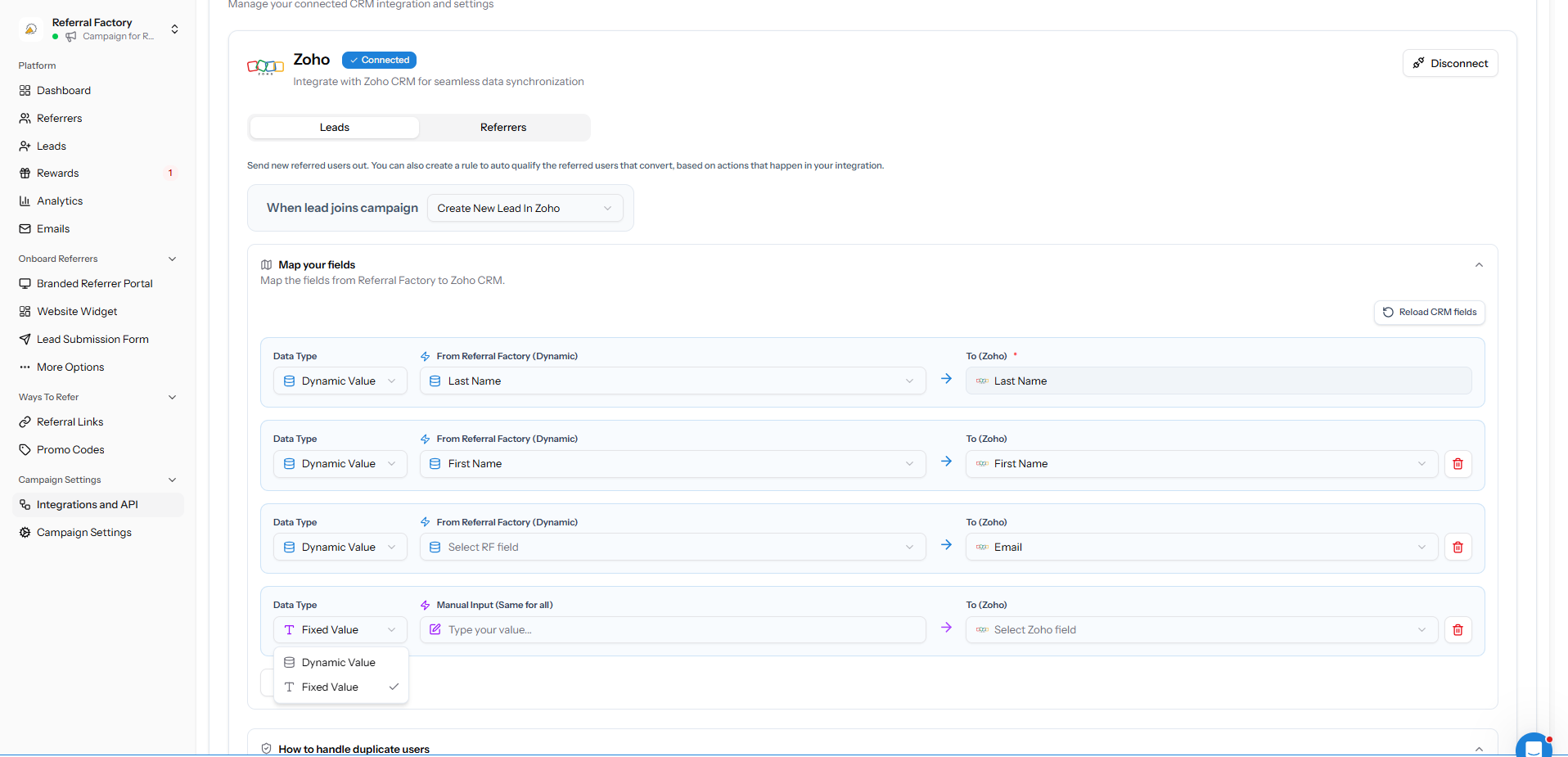 Zoho mapping row showing dynamic and fixed value options