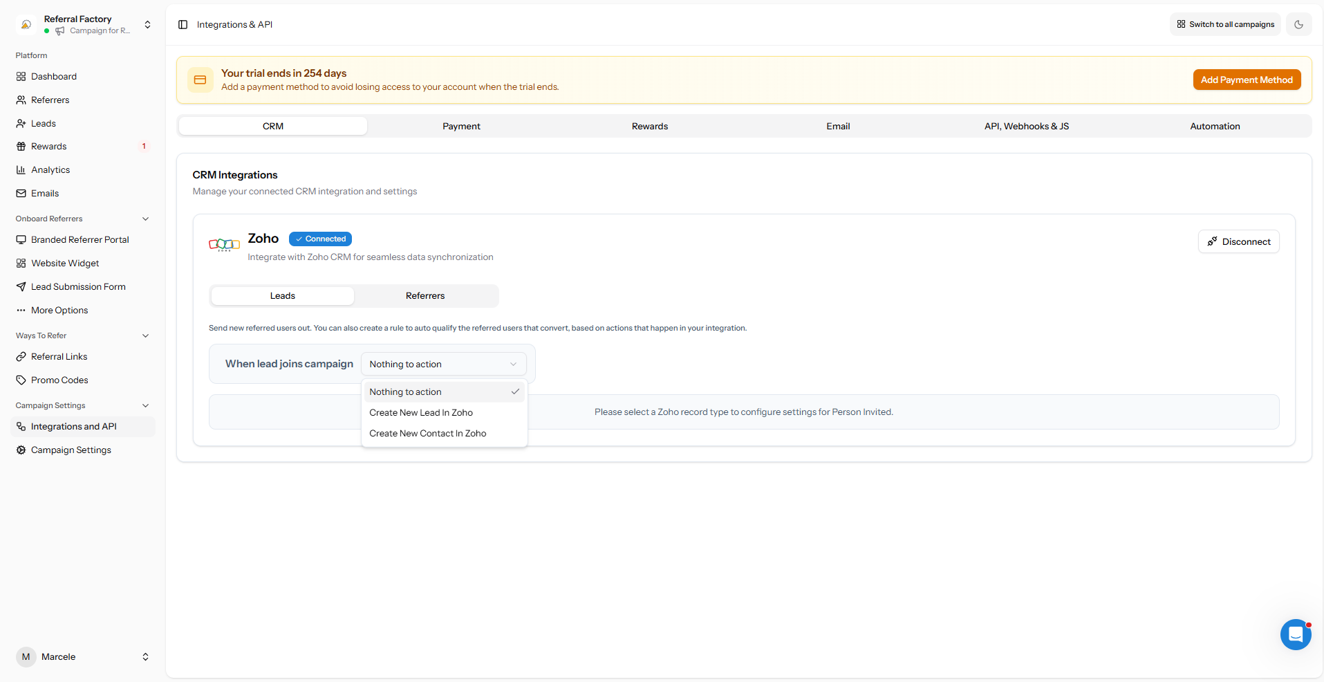 Zoho Leads action dropdown in Referral Factory
