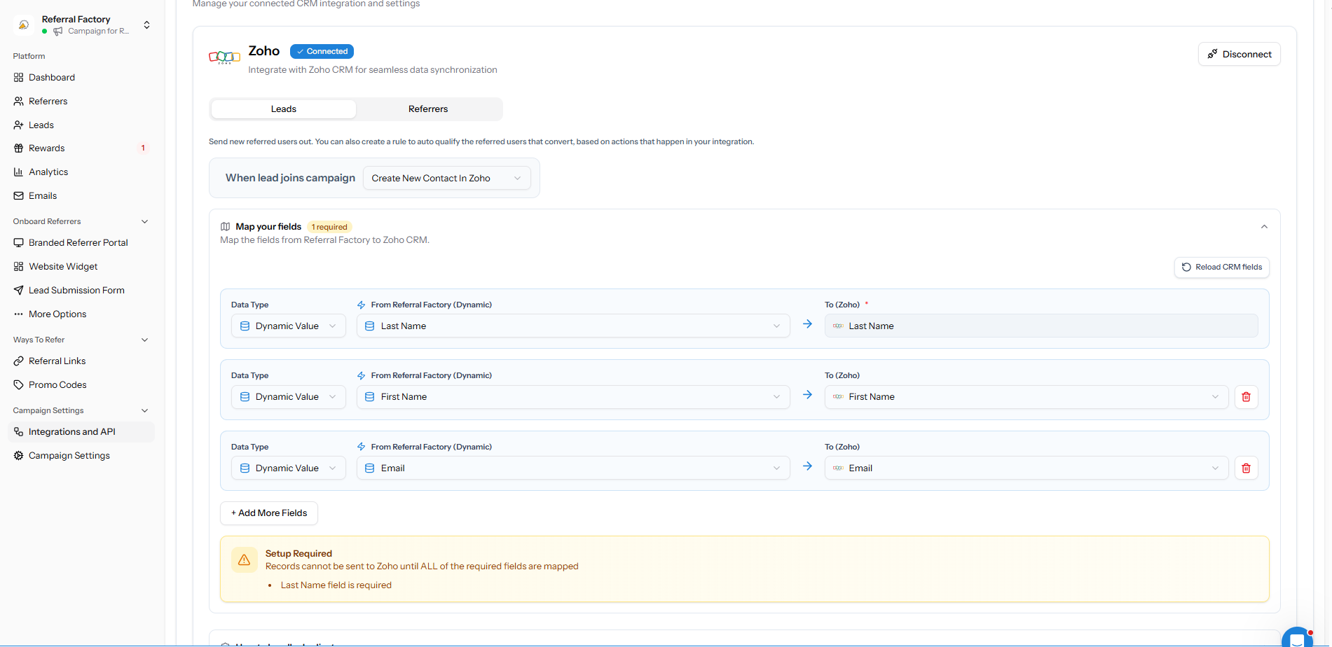 Referral Factory lead fields mapped to Zoho Contact fields