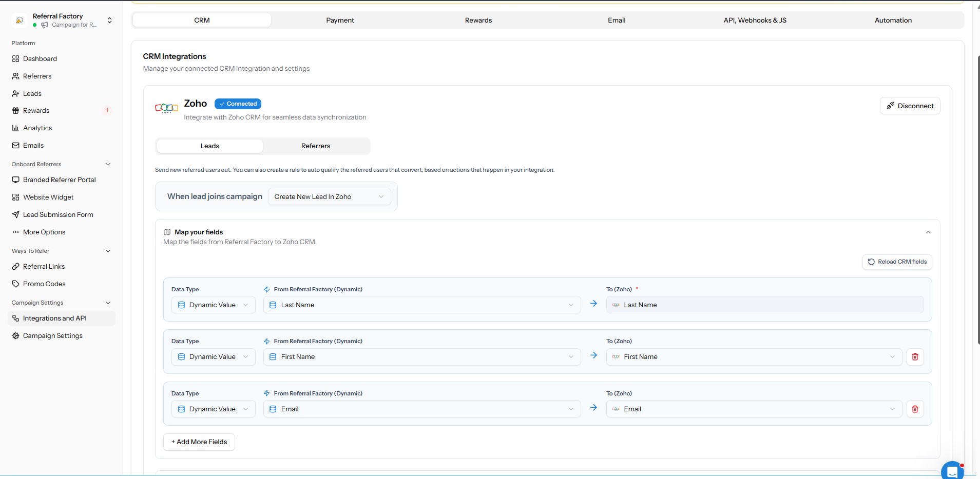 Referral Factory lead fields mapped to Zoho Lead fields
