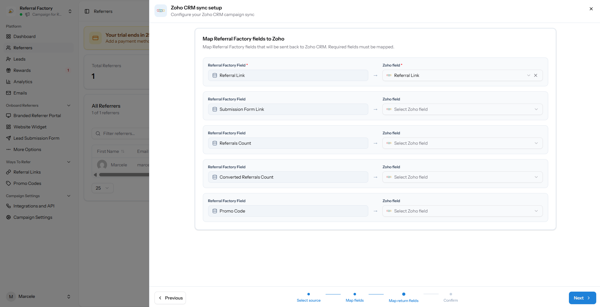 Referral Factory referral fields mapped back to Zoho