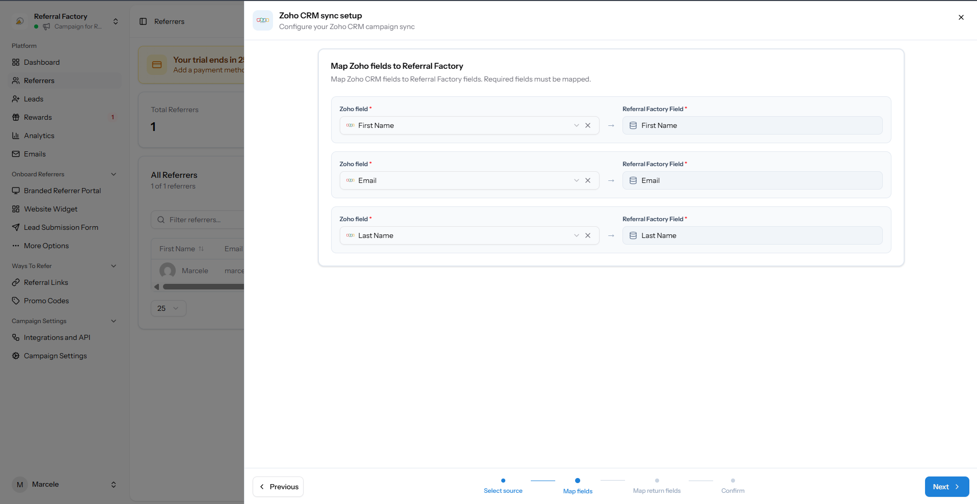 Zoho fields mapped to Referral Factory referrer fields