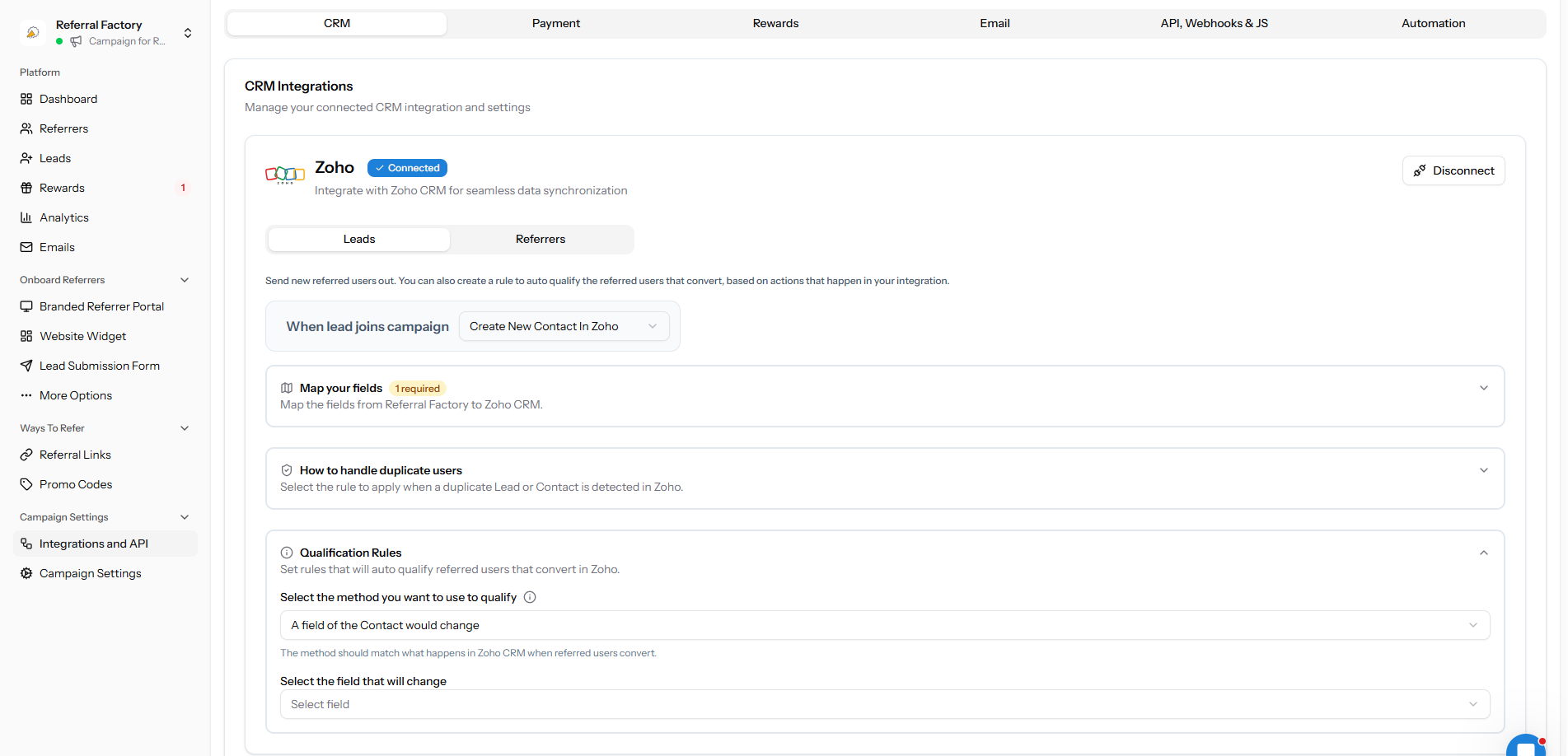 Zoho qualification rule based on a selected Contact field changing