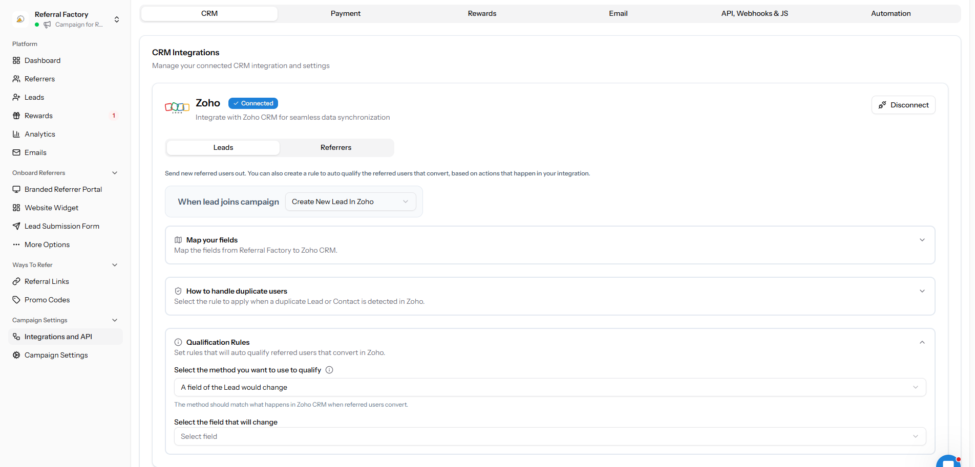 Zoho qualification rule based on a selected Lead field changing