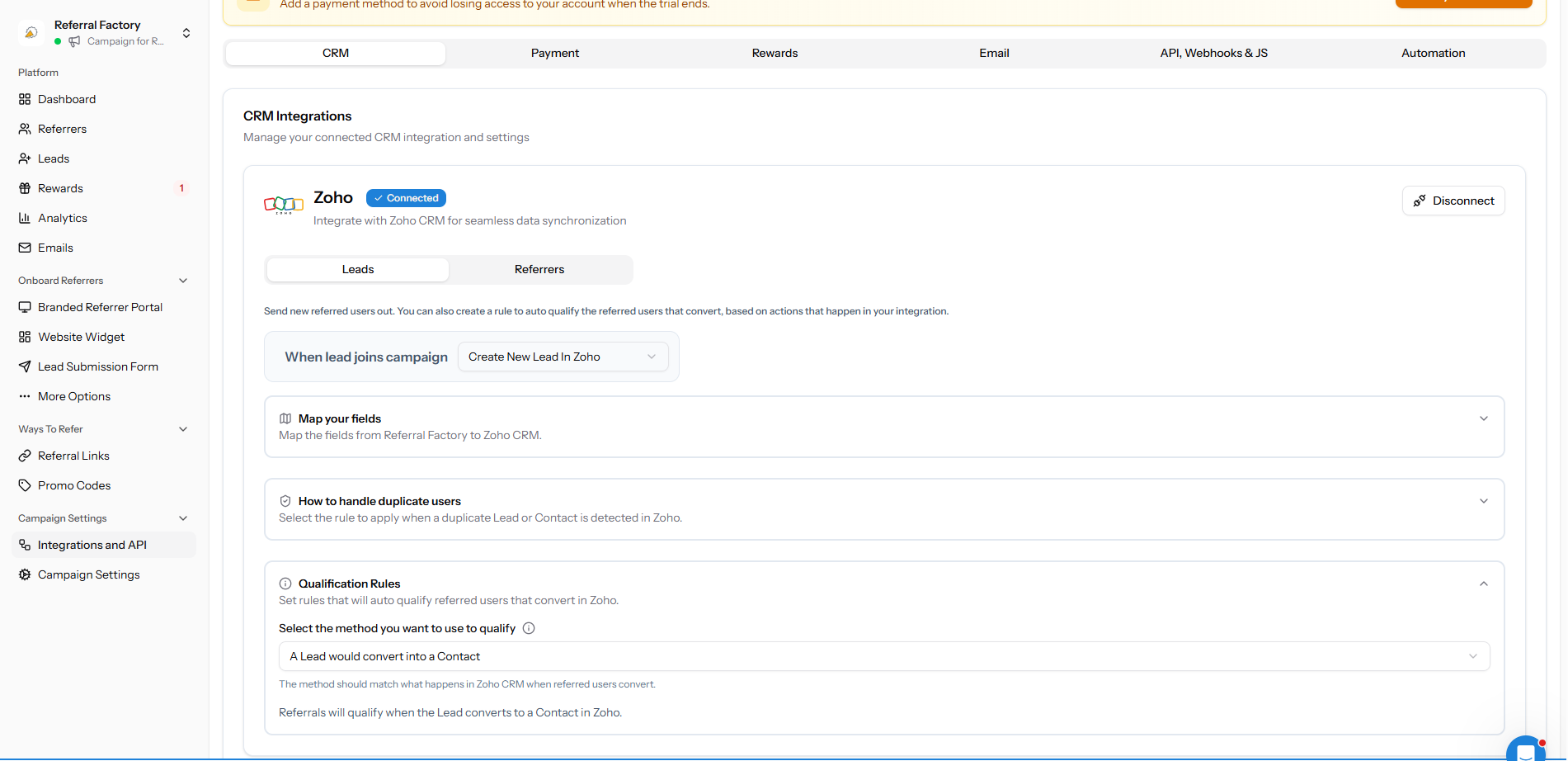 Zoho qualification rule based on a Lead converting to a Contact