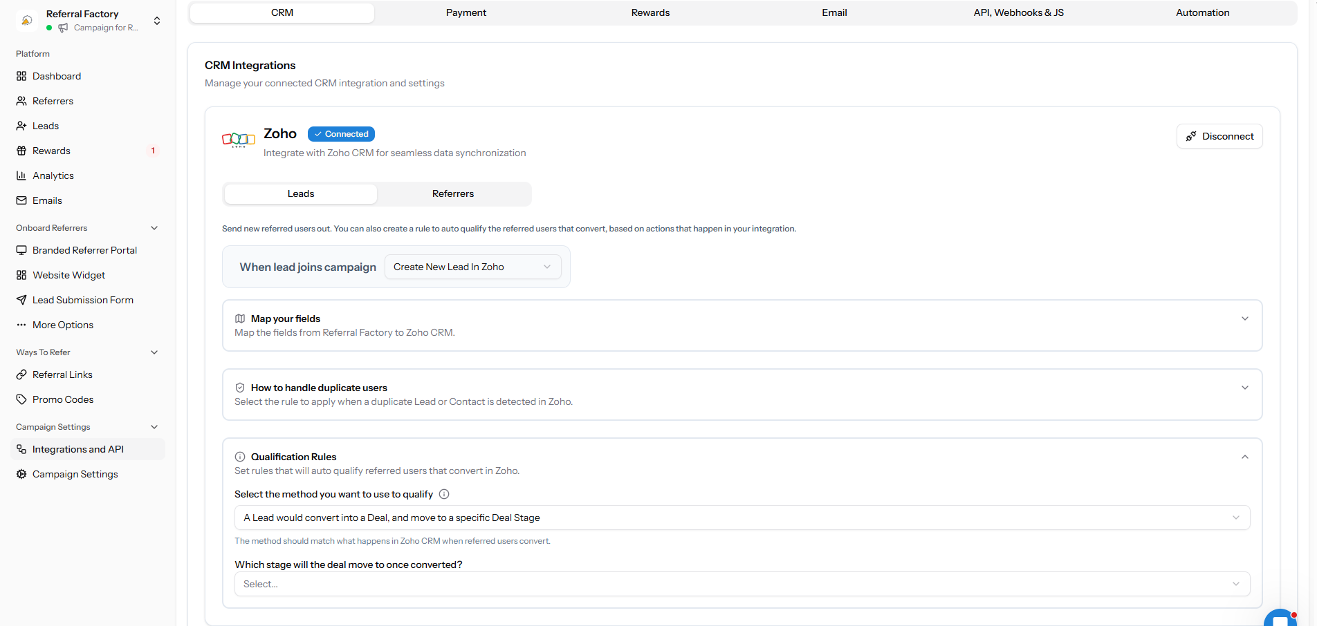 Zoho qualification rule based on a Lead converting to a Deal and reaching a Deal Stage